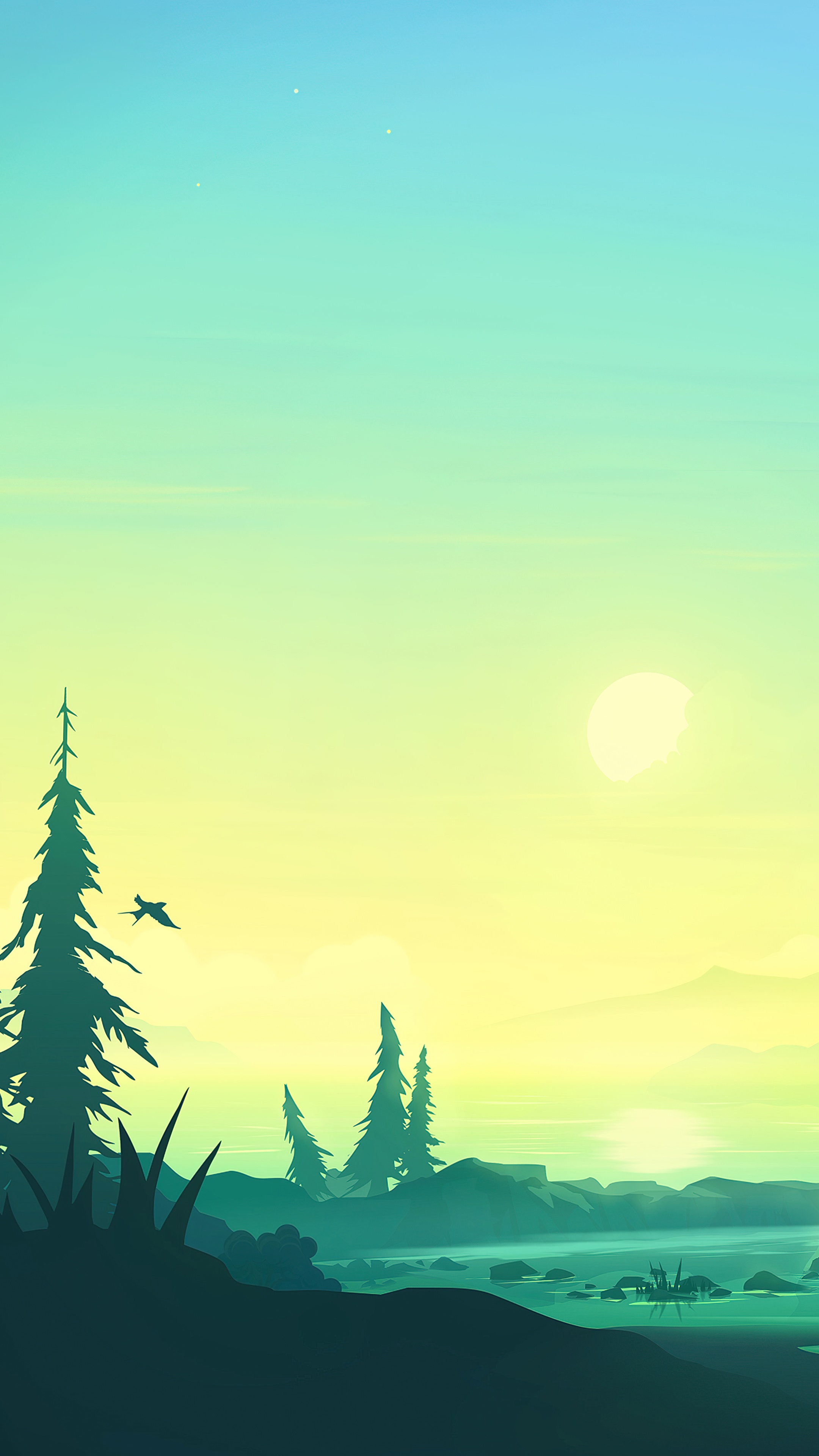 Minimalist landscape with lake and sunrise HD Phone Wallpaper