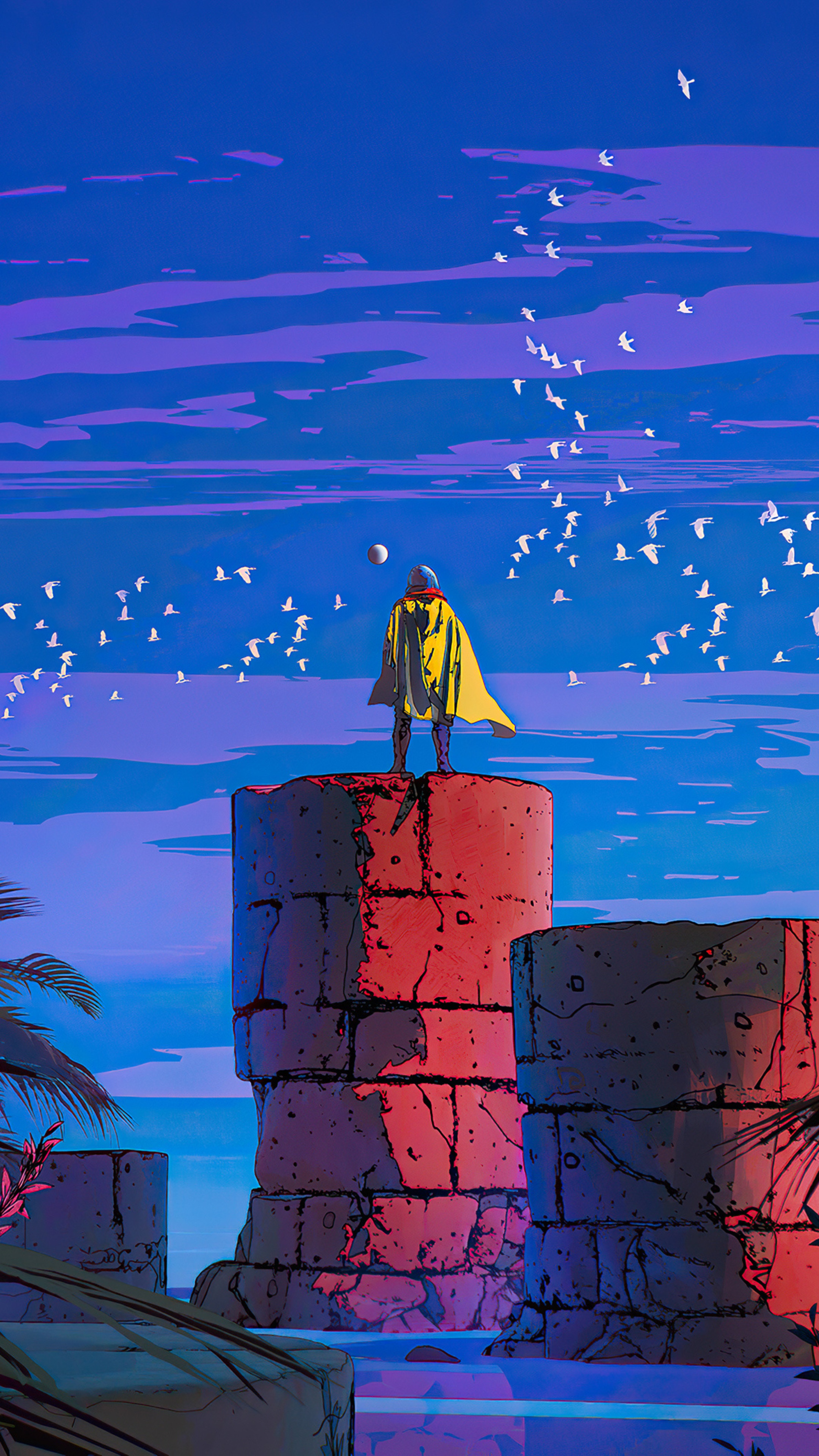 Man in yellow cloak on stone tower with birds HD Phone Wallpaper