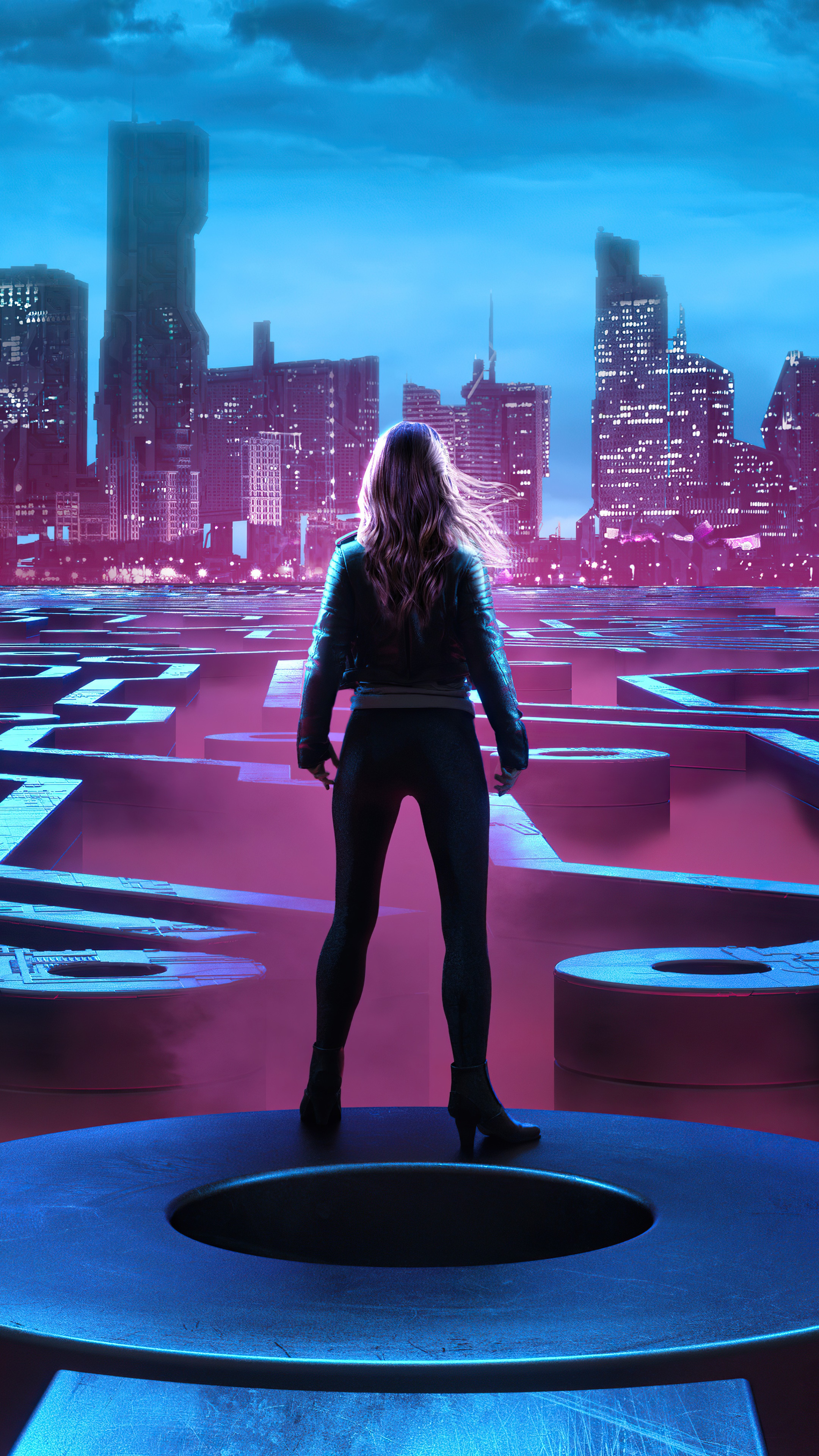 Woman in a maze with a futuristic city skyline HD Phone Wallpaper