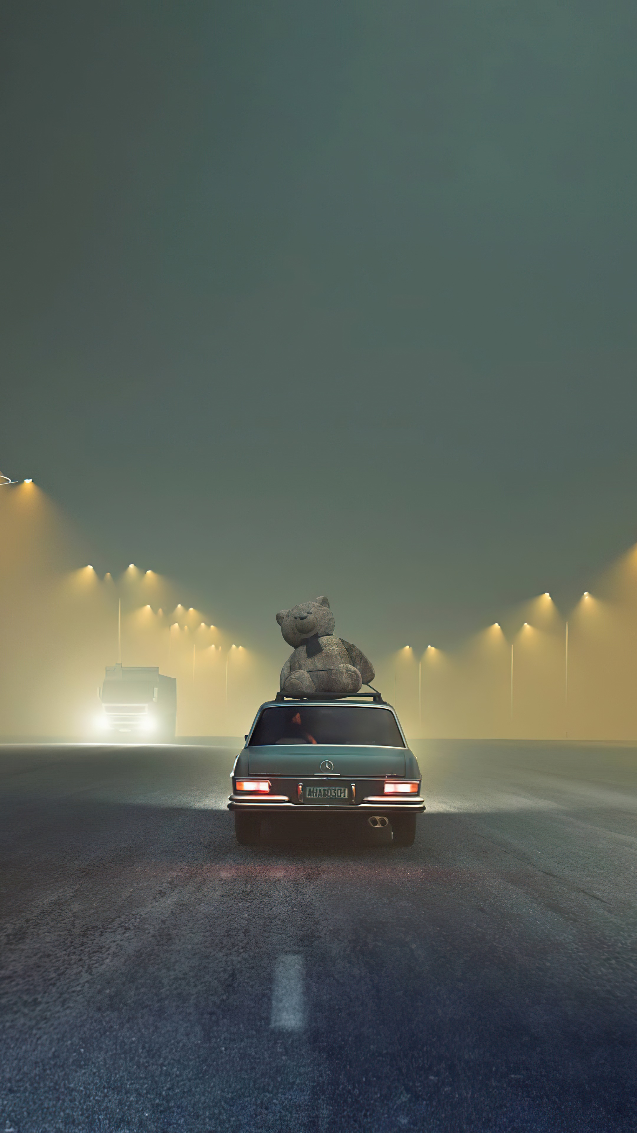 Teddy Bear on Car Roof on Foggy Highway HD Phone Wallpaper