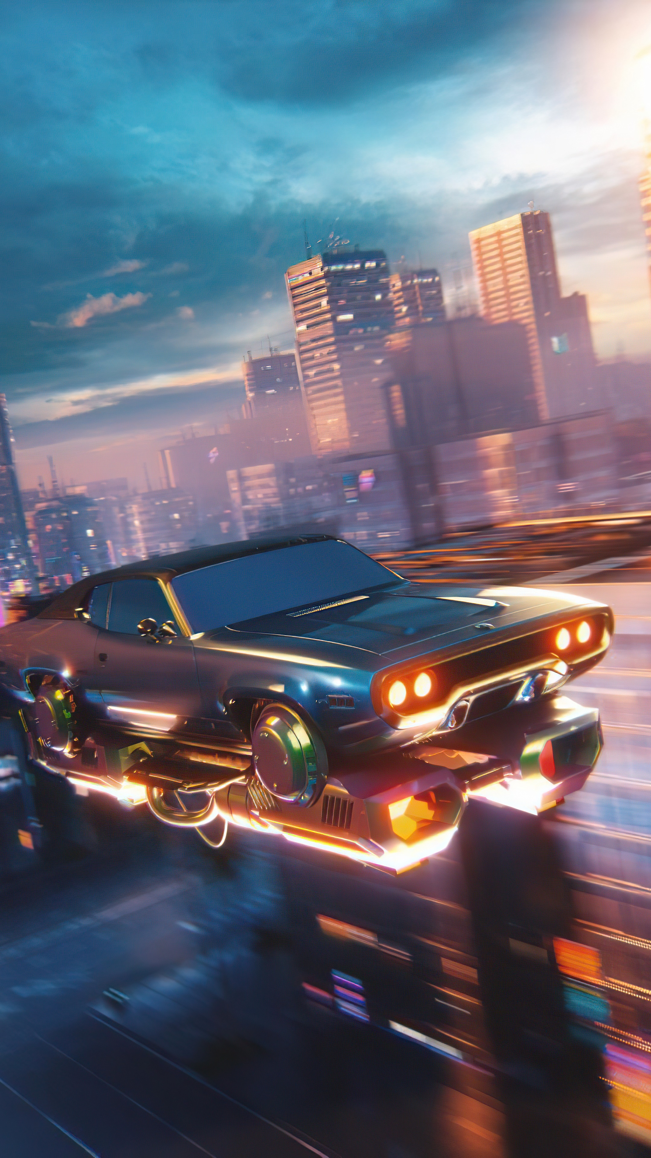Sci-fi hover car in a futuristic city at sunset HD Phone Wallpaper