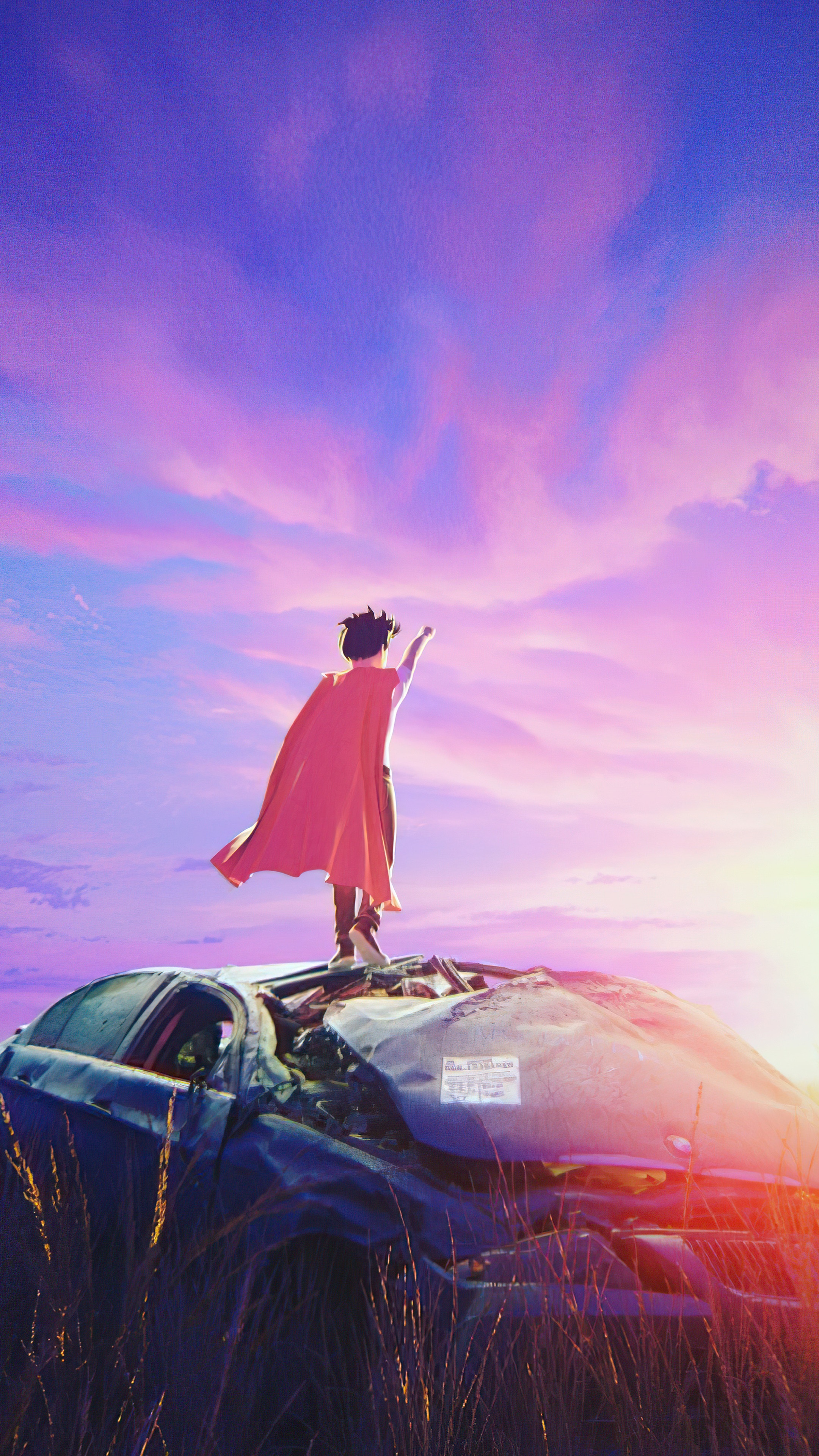 Boy in a cape on a wrecked car HD Phone Wallpaper