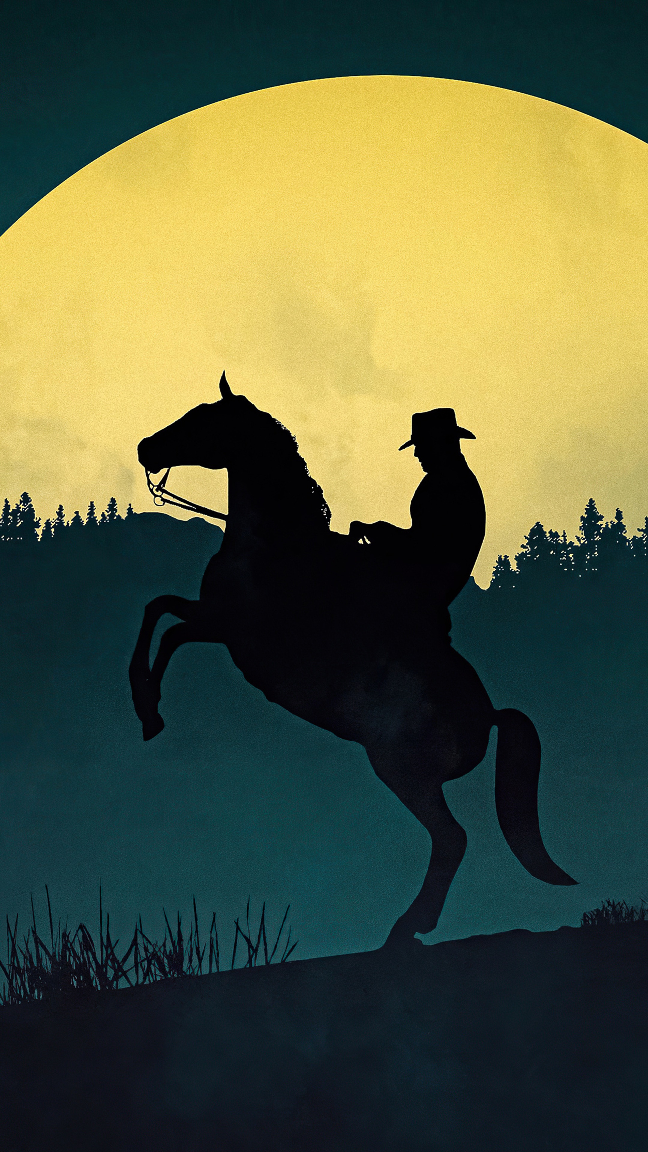 Cowboy on a rearing horse in front of a large moon HD Phone Wallpaper