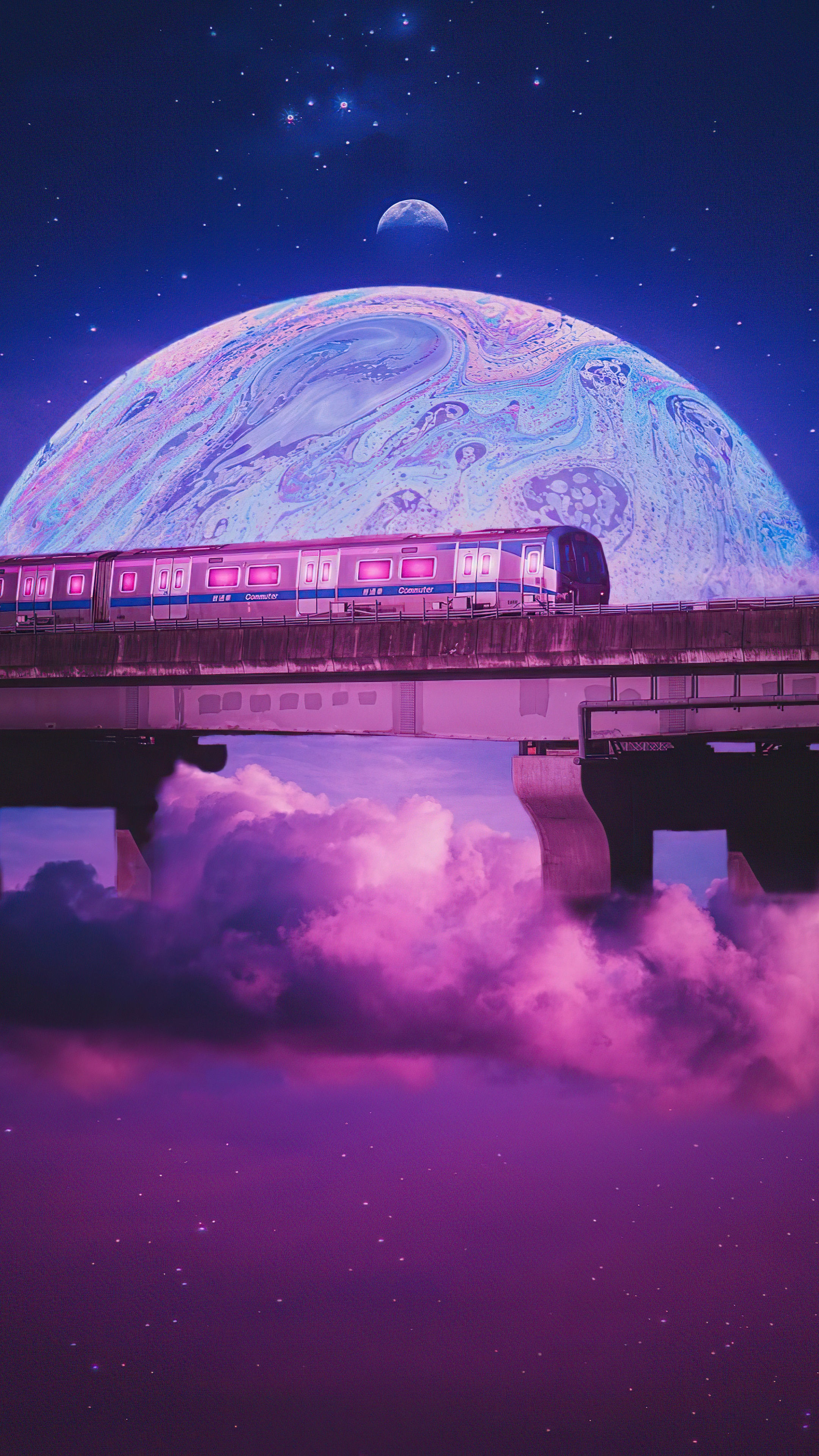 Train on a bridge with a planet and moon HD Phone Wallpaper