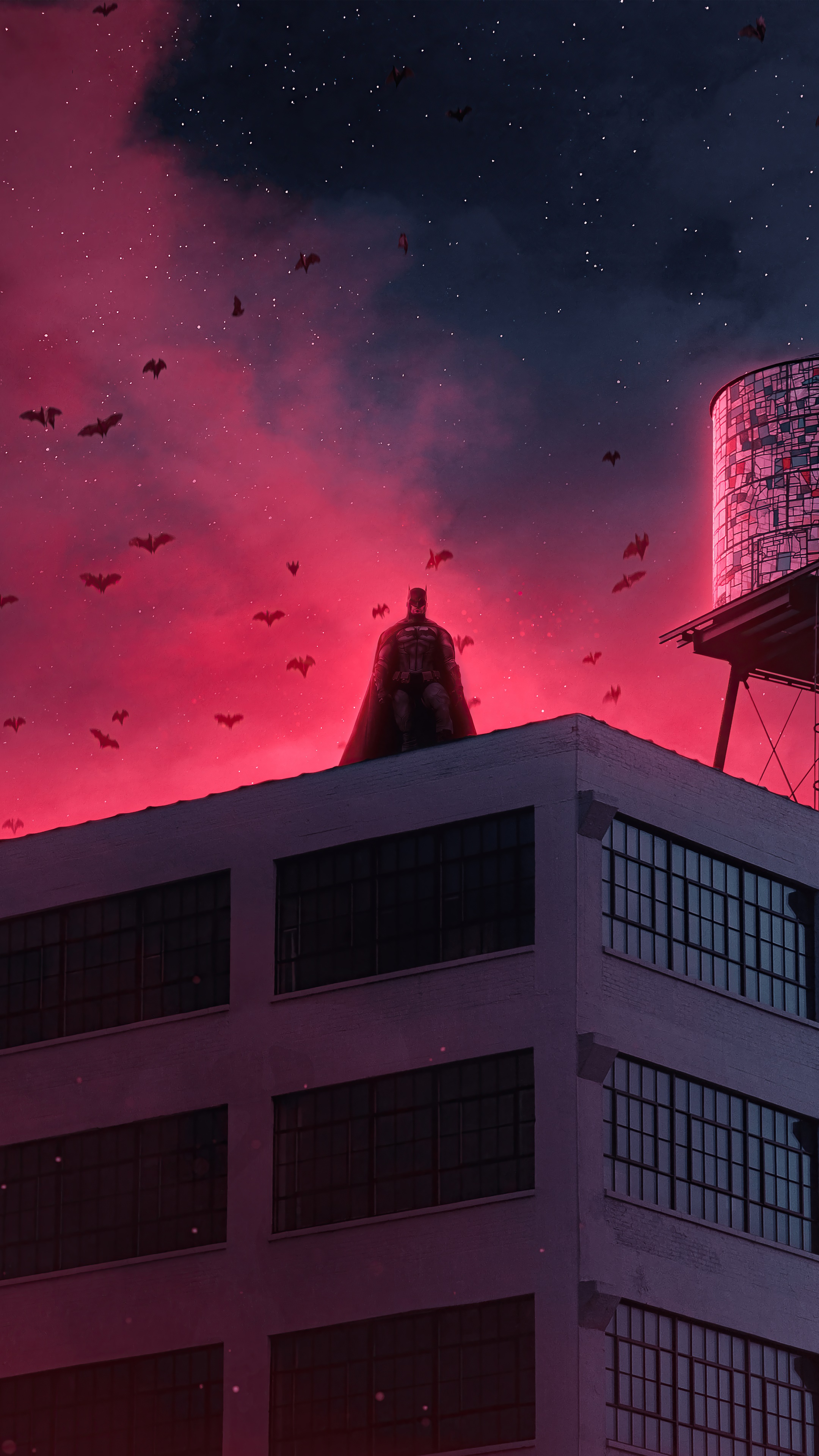 Batman on a rooftop with bats and red sky HD Phone Wallpaper
