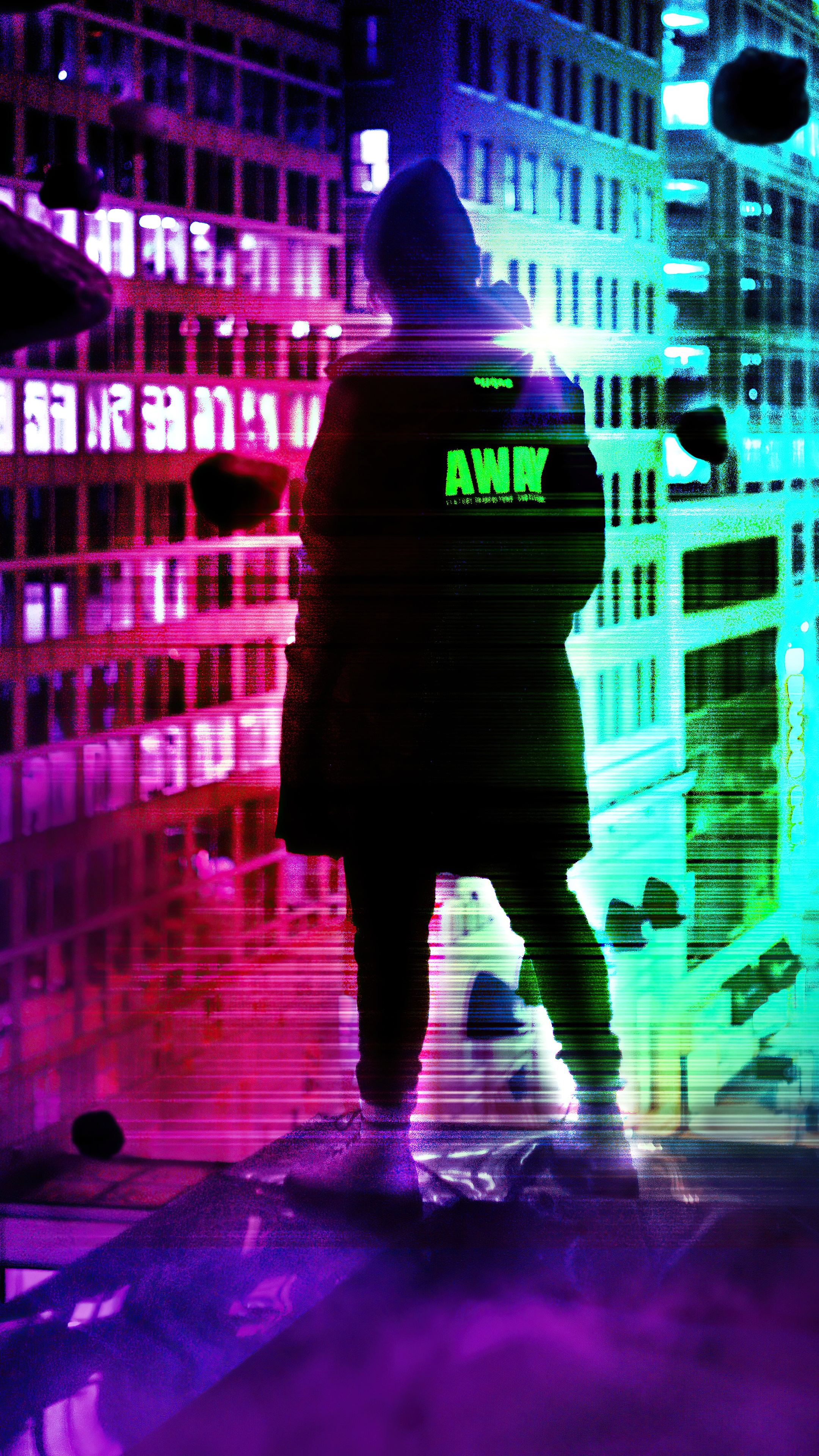 Person in cyberpunk city with "AWAY" on jacket HD Phone Wallpaper