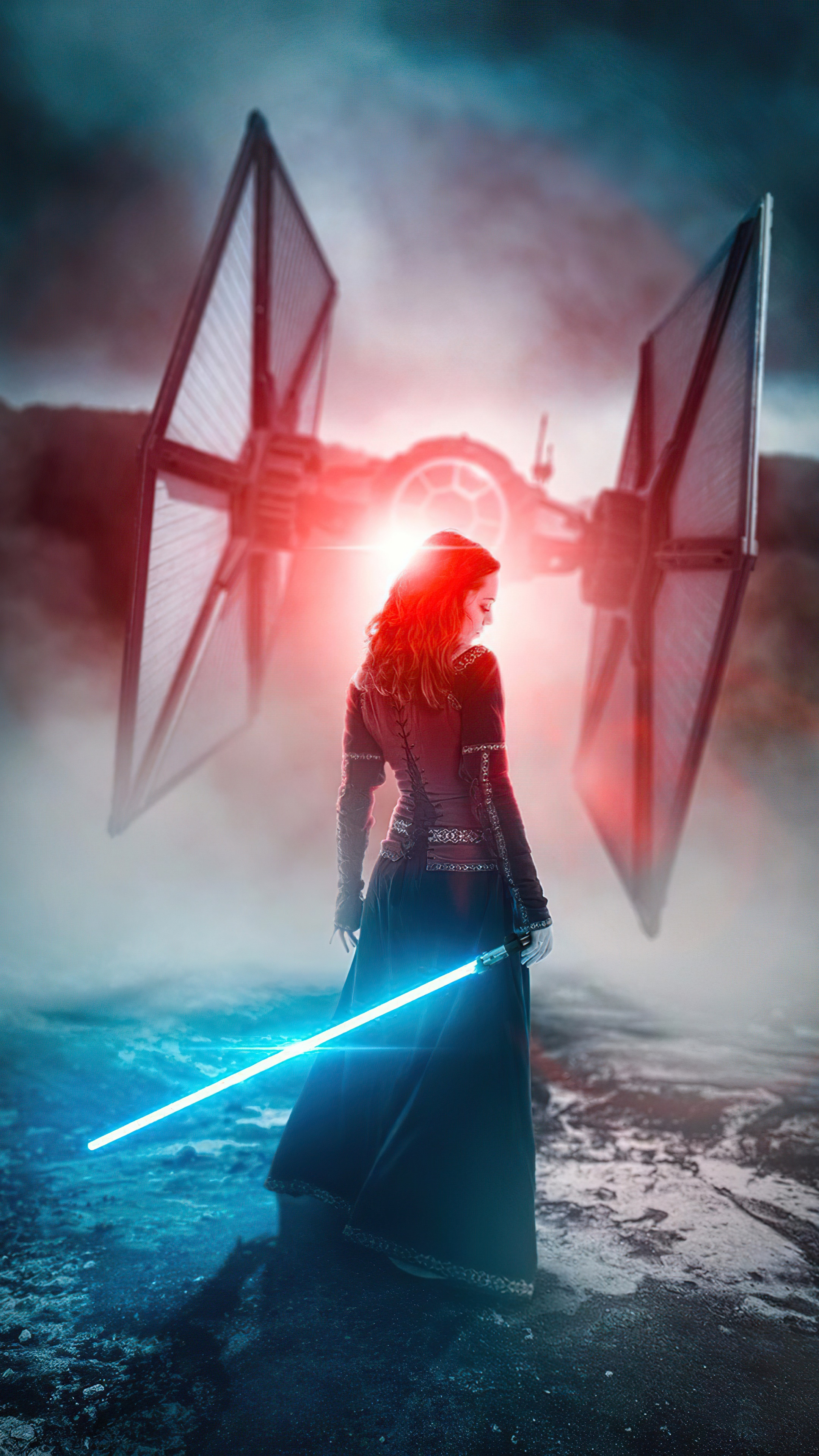 Warrior with blue lightsaber and TIE fighter HD Phone Wallpaper