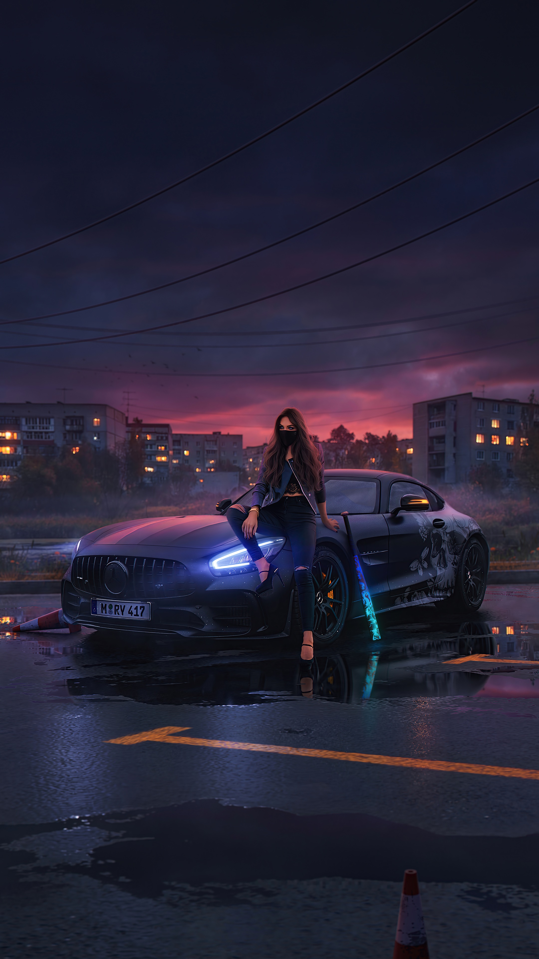 Woman in mask with Mercedes car at dusk HD Phone Wallpaper
