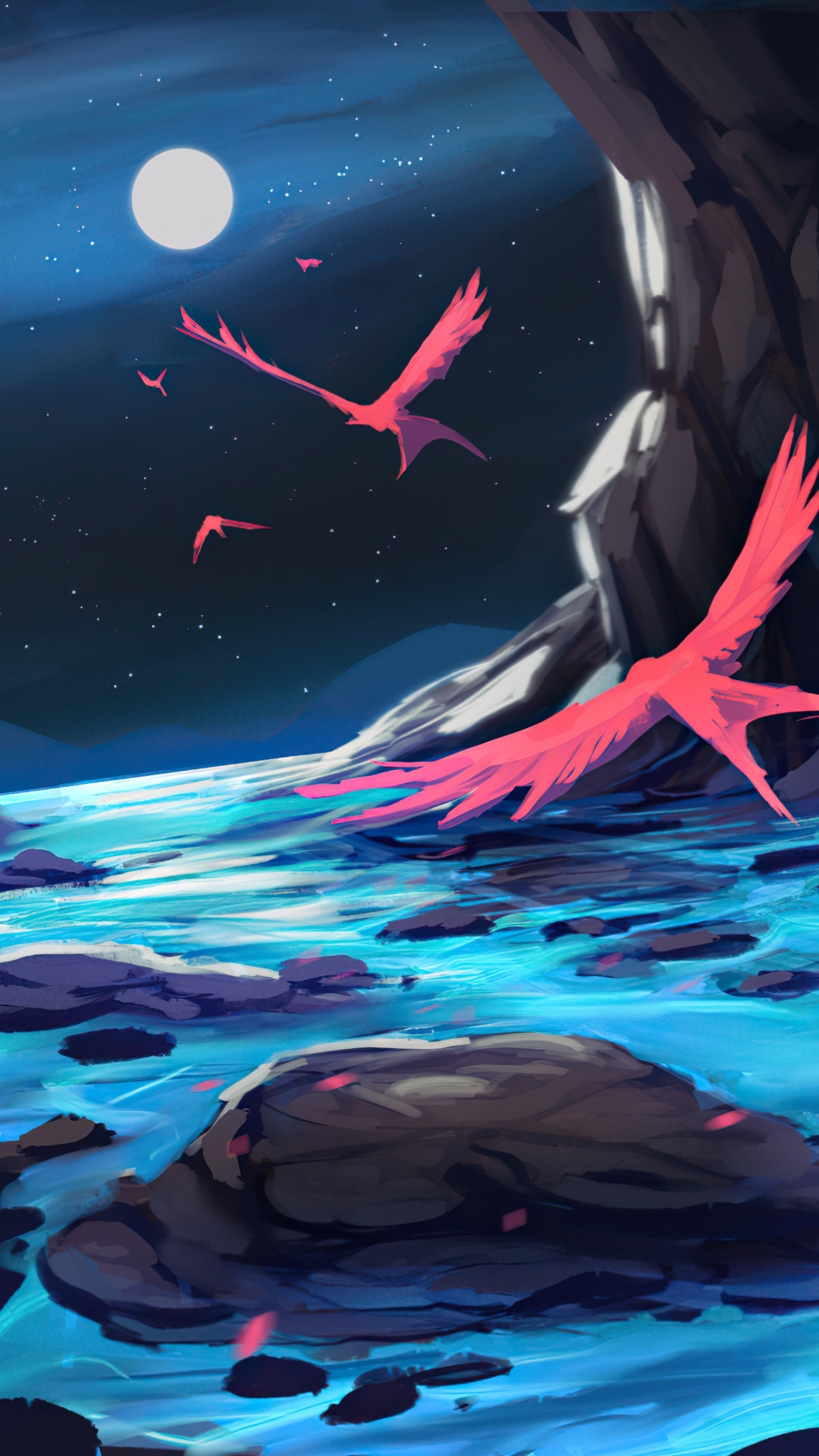 Pink birds flying over water under moon HD Phone Wallpaper