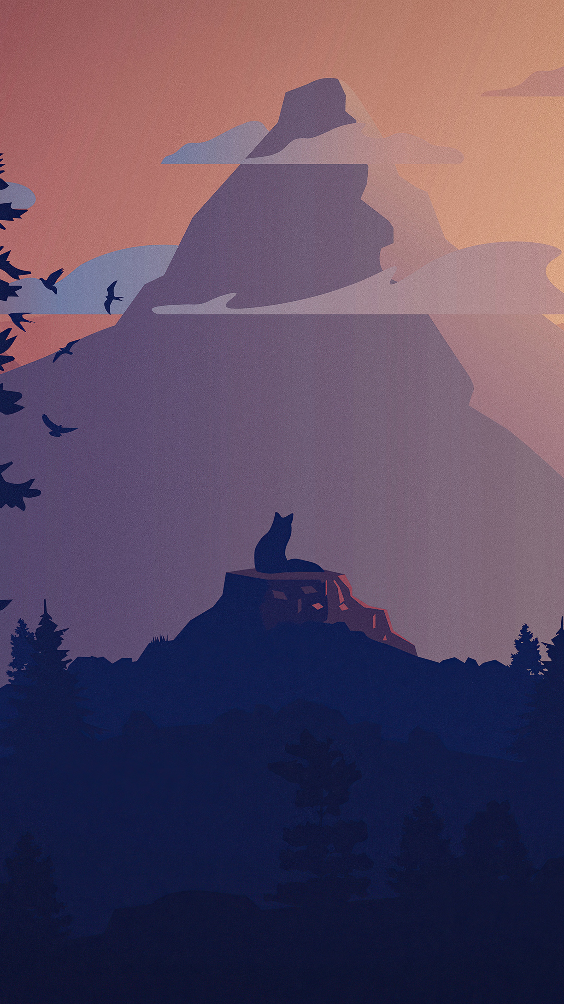 Minimalist artwork of a fox on a mountain at sunset HD Phone Wallpaper