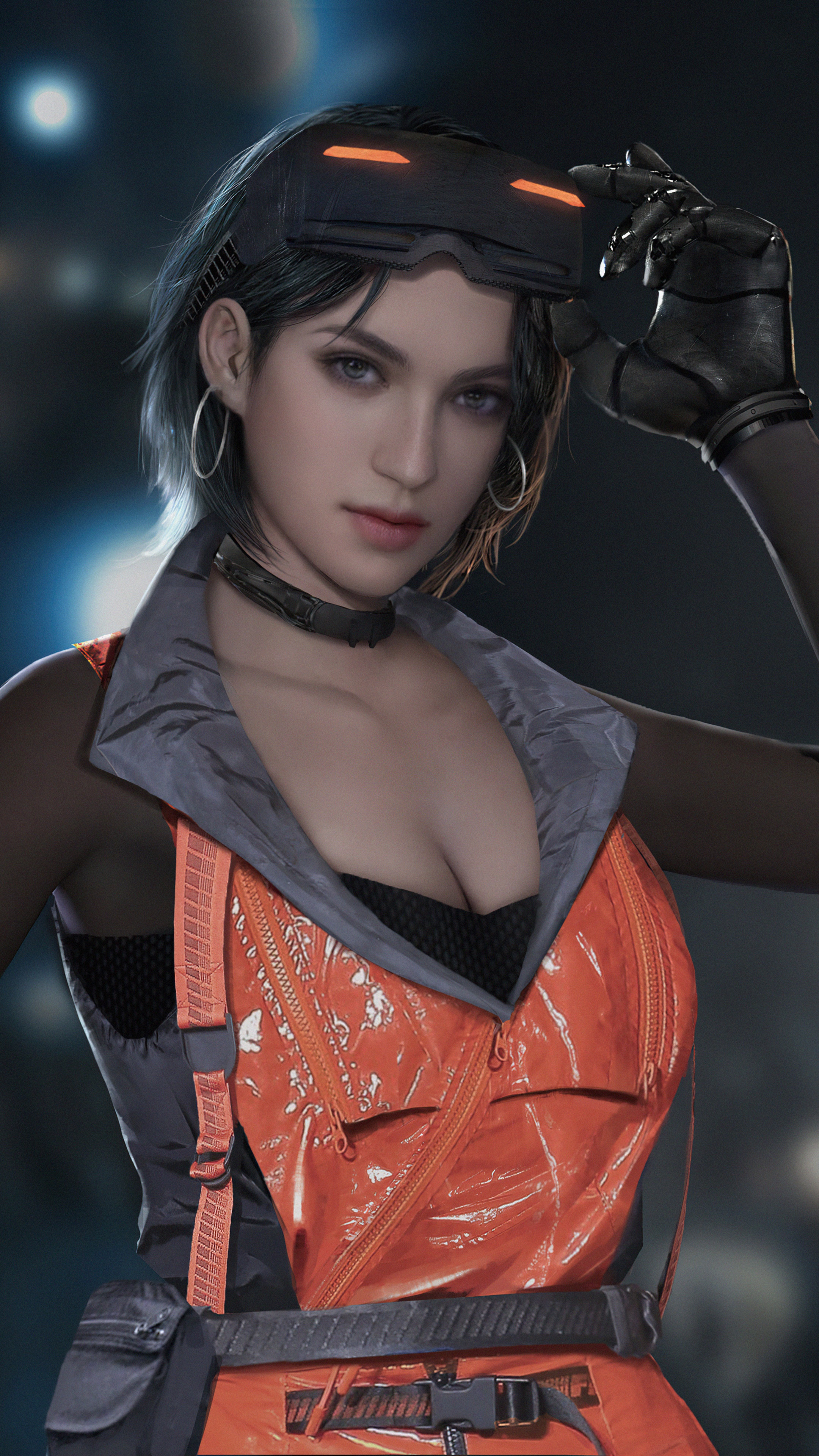 Sci-fi woman with VR headset and orange vest HD Phone Wallpaper