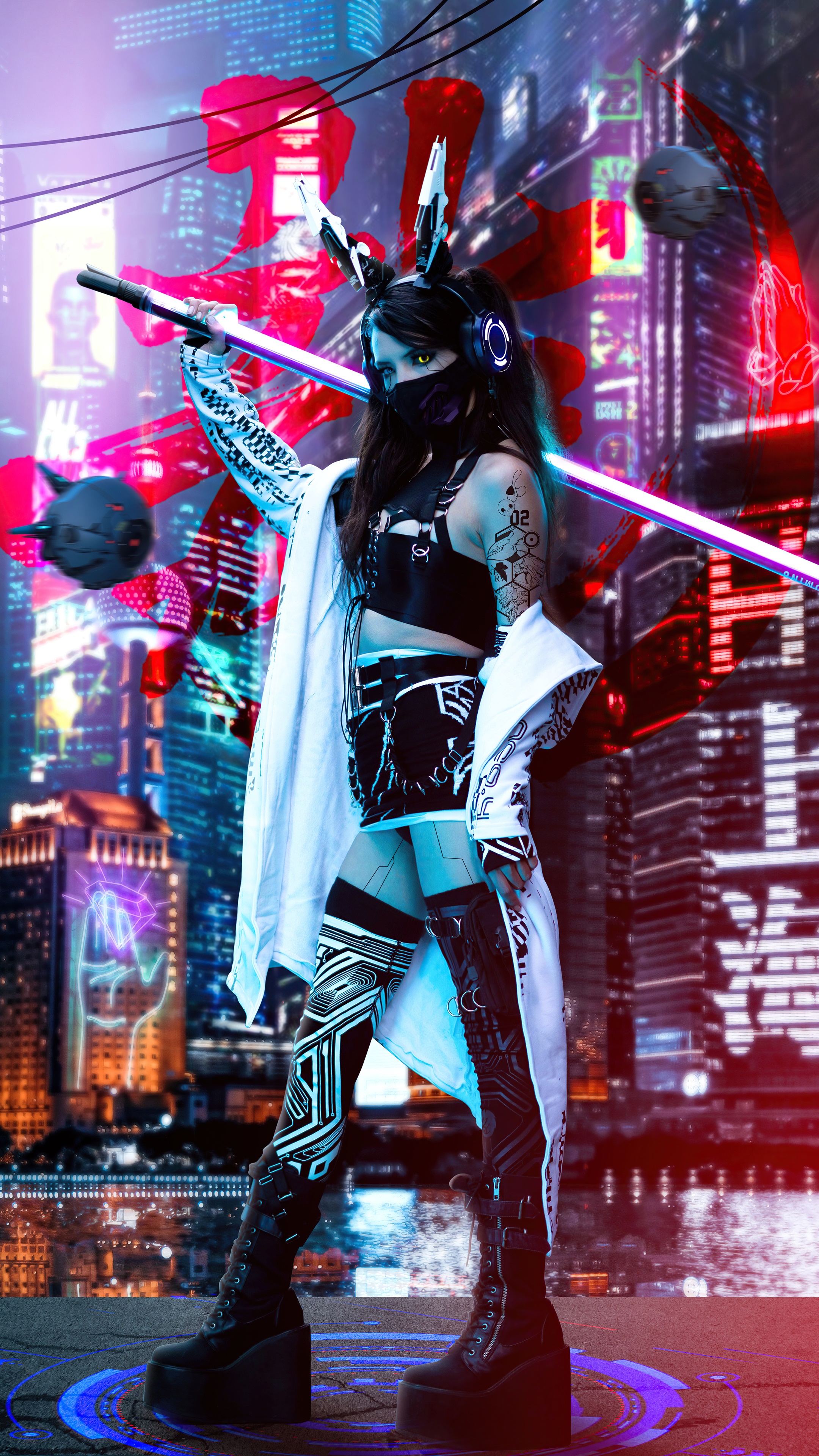 Cyberpunk woman with sword in neon city HD Phone Wallpaper