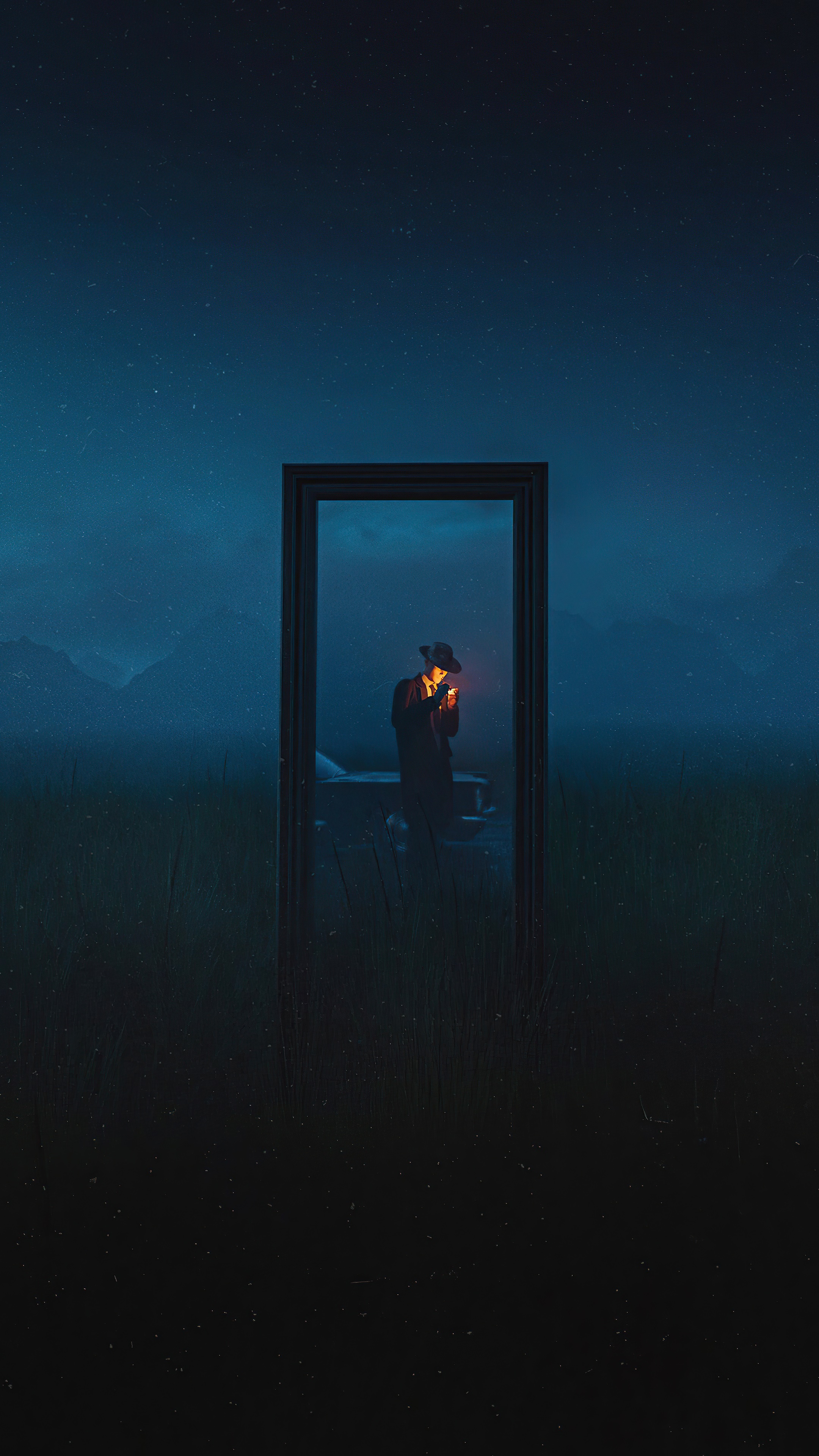 Man in hat lighting cigarette in doorway HD Phone Wallpaper
