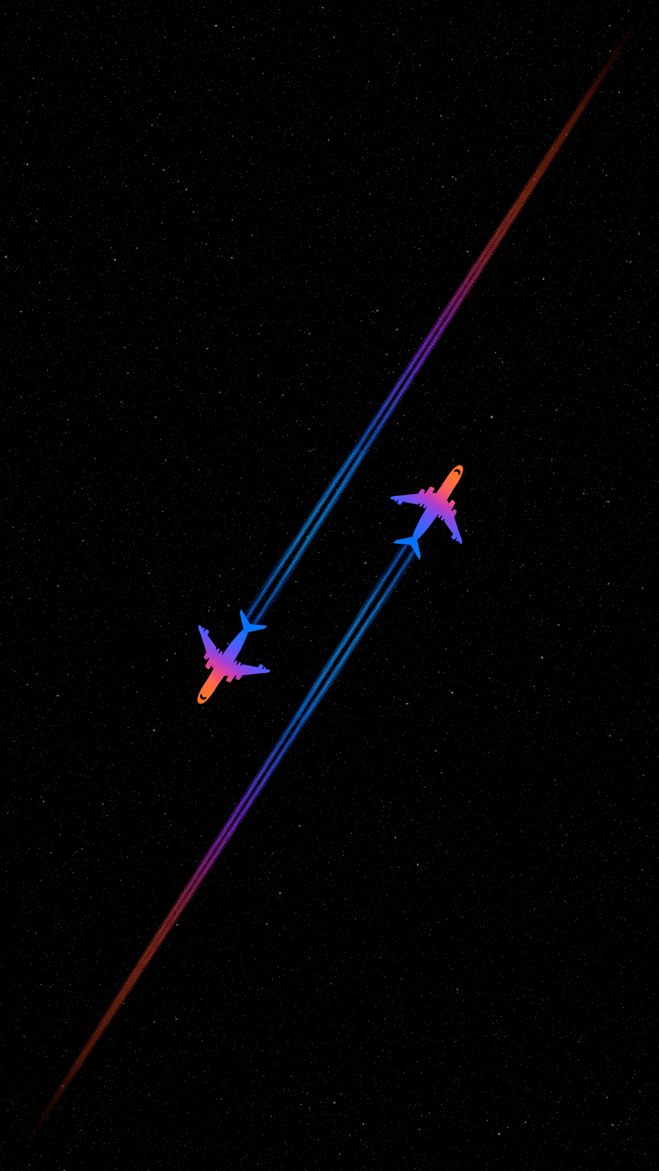 Two minimalist airplanes leaving colorful trails in a starry night sky HD Phone Wallpaper
