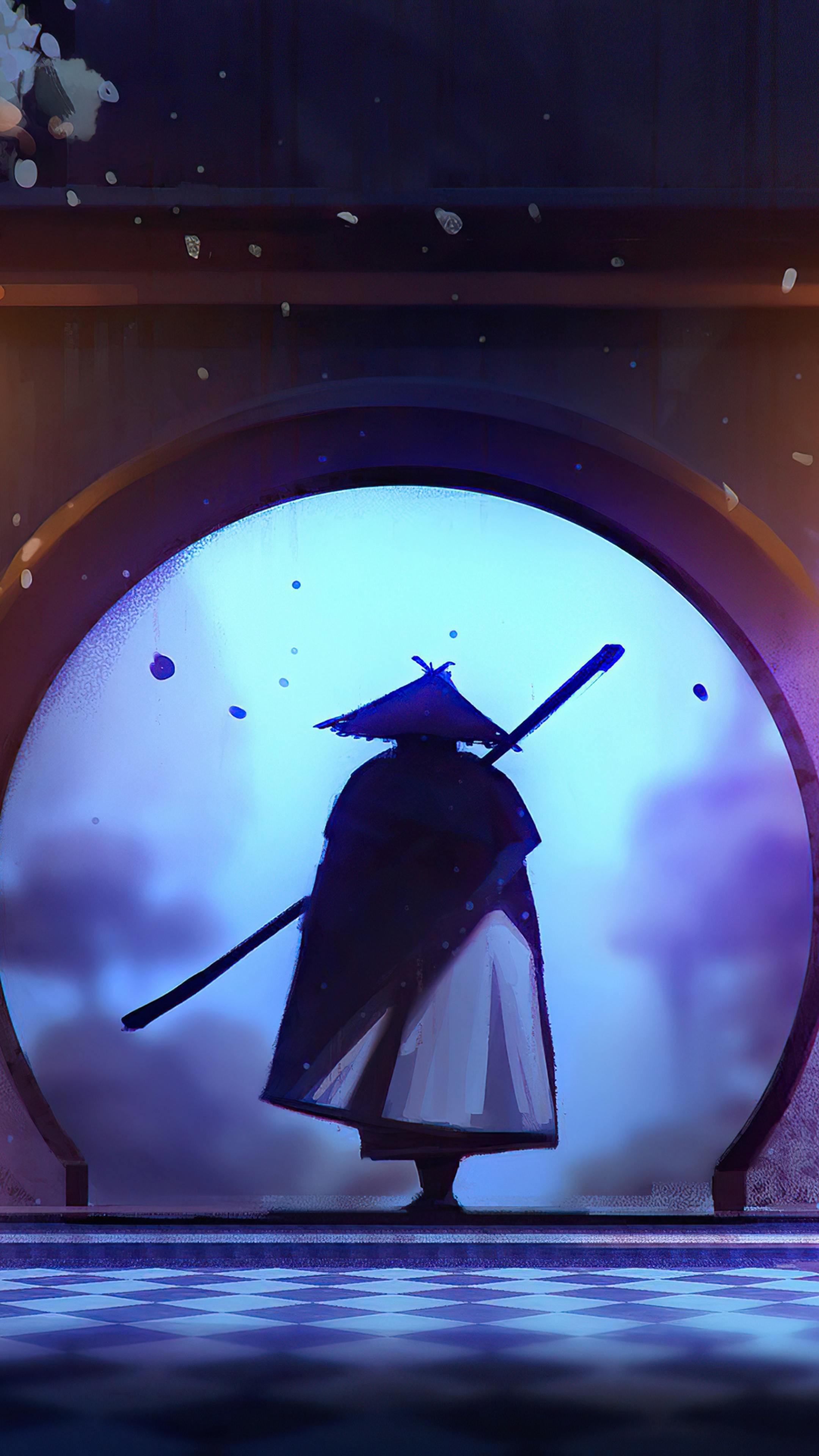 Samurai warrior with sword in archway HD Phone Wallpaper