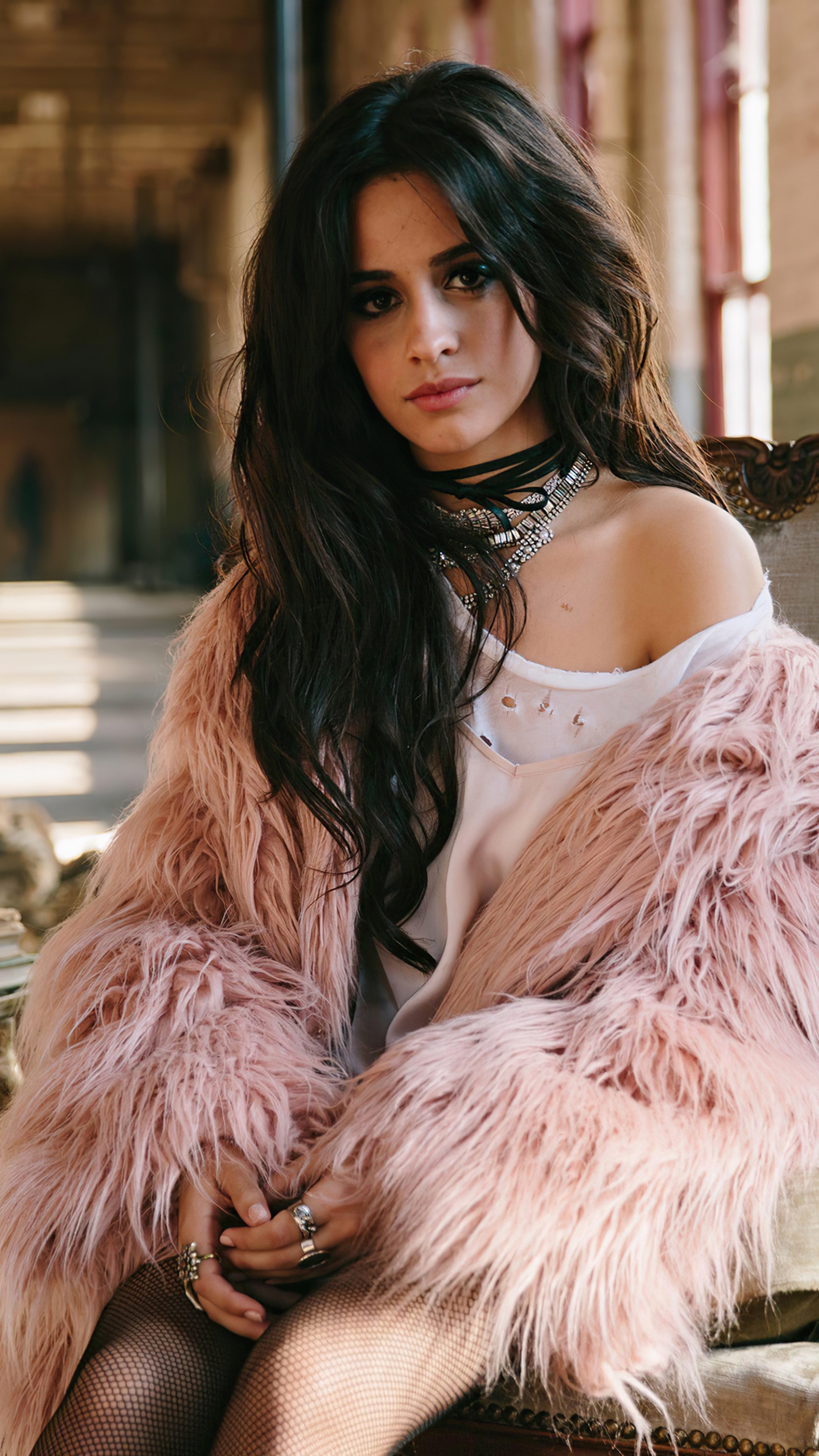 Camila Cabello wearing a pink fur coat HD Phone Wallpaper