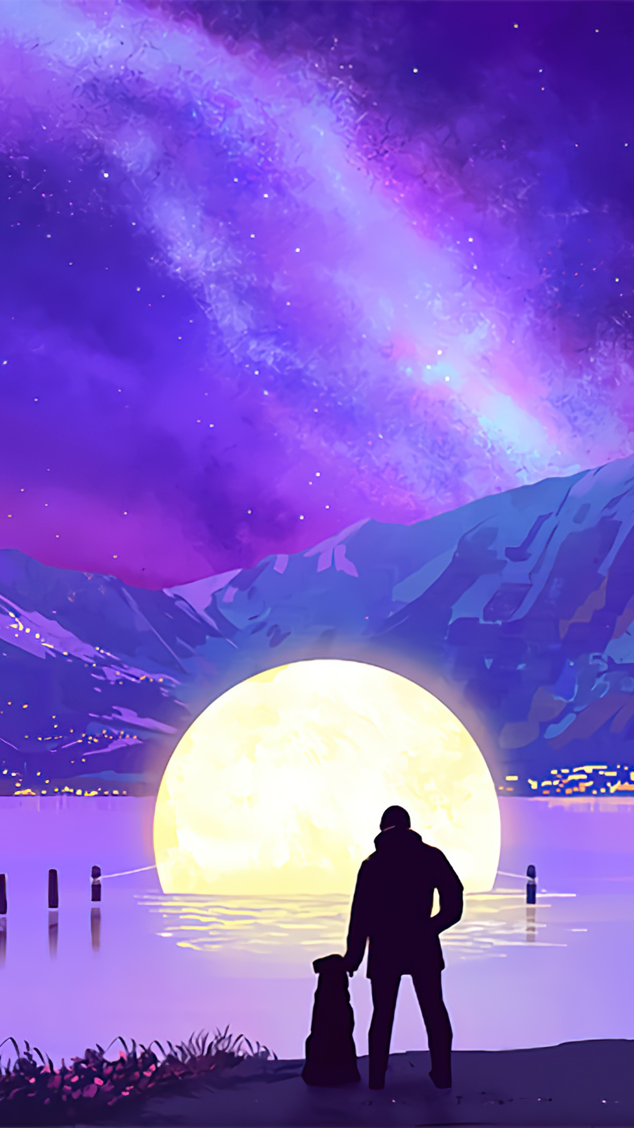 Man and dog watching a large moon over a lake HD Phone Wallpaper