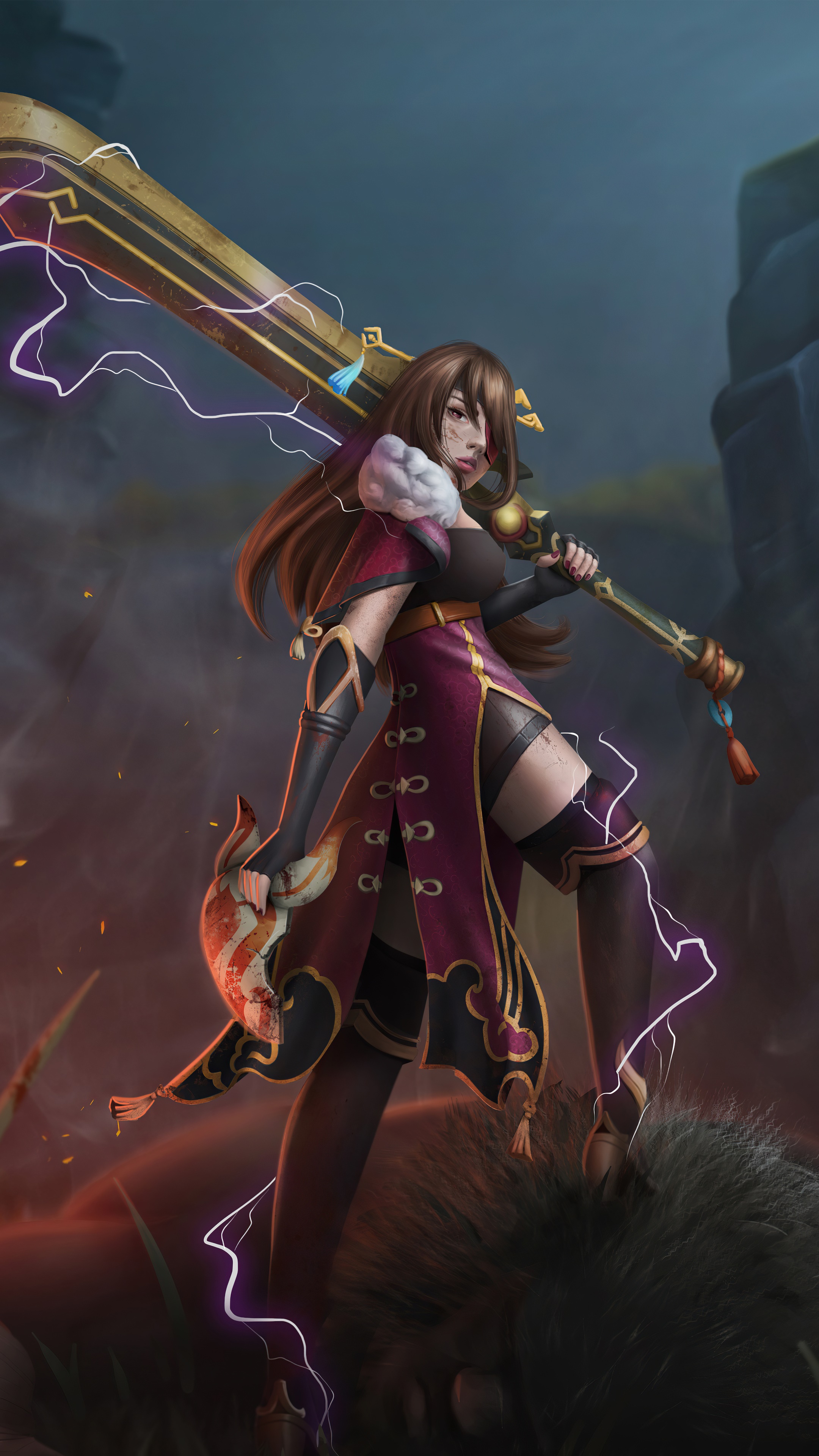 Warrior with a large sword and lightning HD Phone Wallpaper