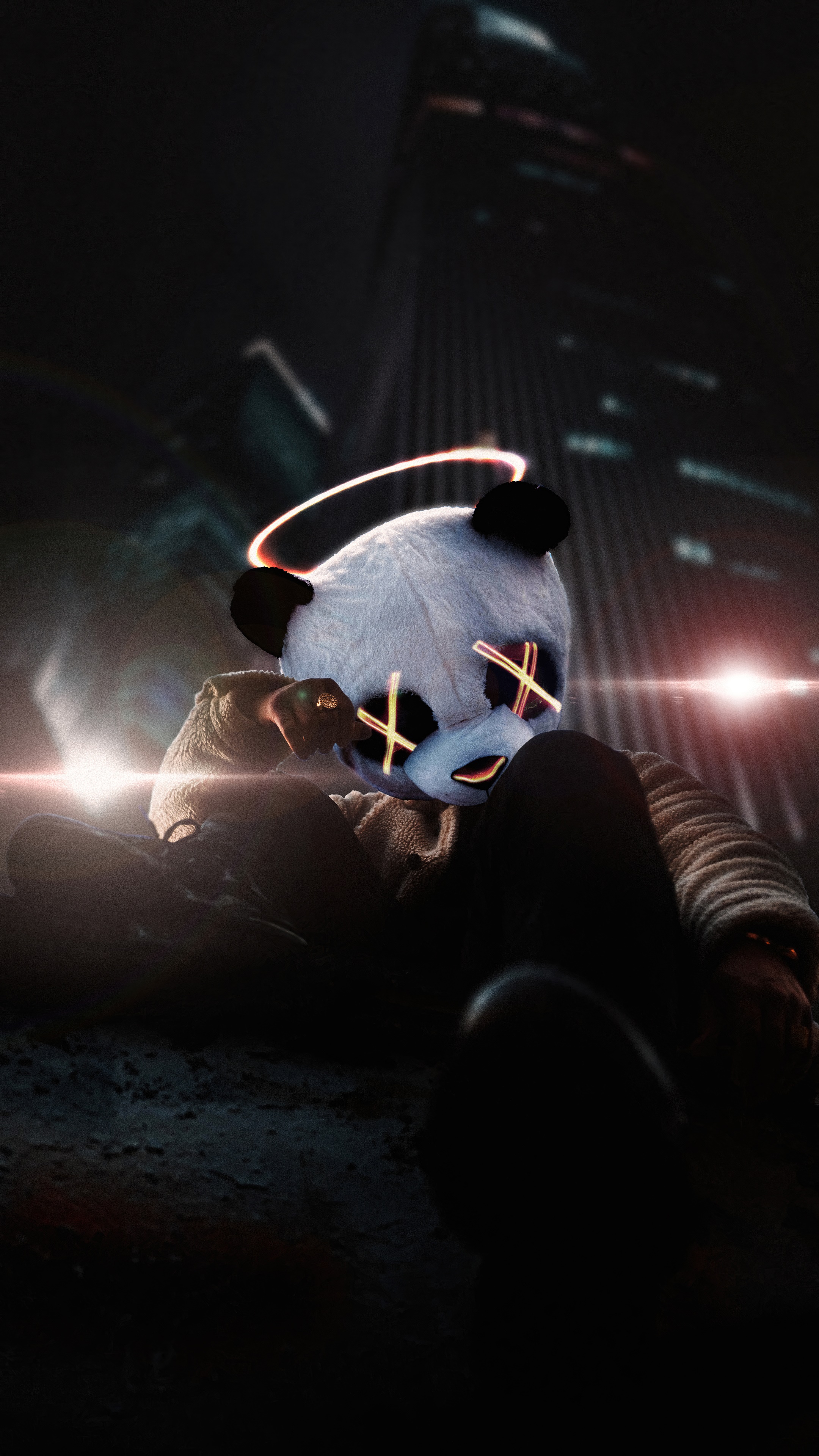 Panda mask artist with glowing eyes and halo HD Phone Wallpaper