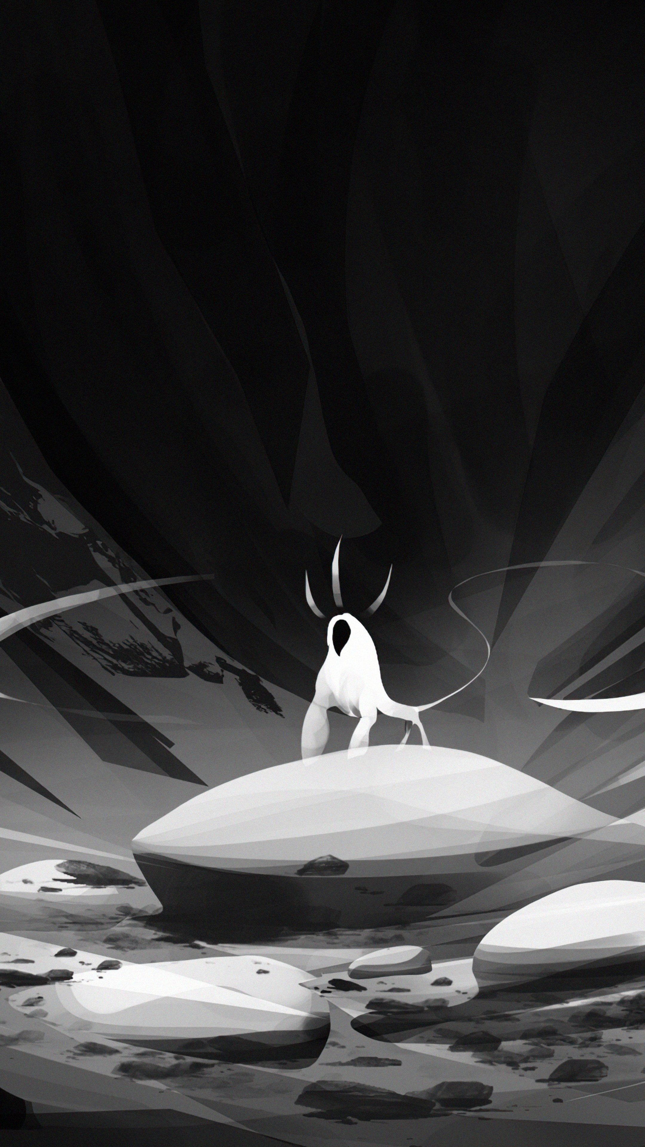 Artwork of a hooded figure with horns on a rock HD Phone Wallpaper