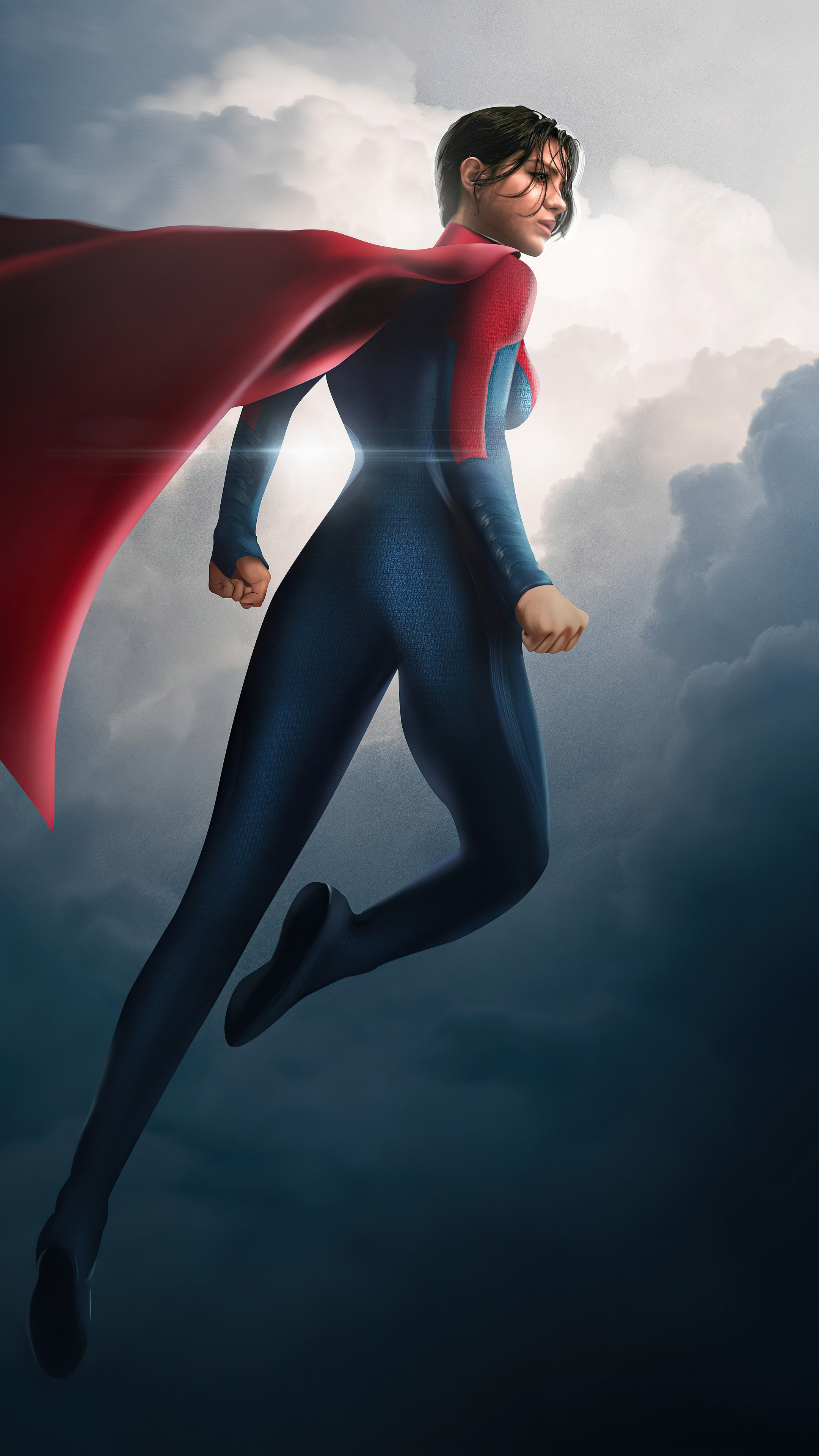Supergirl Flying Amidst Stormy Clouds Digital Art HD Phone Wallpaper