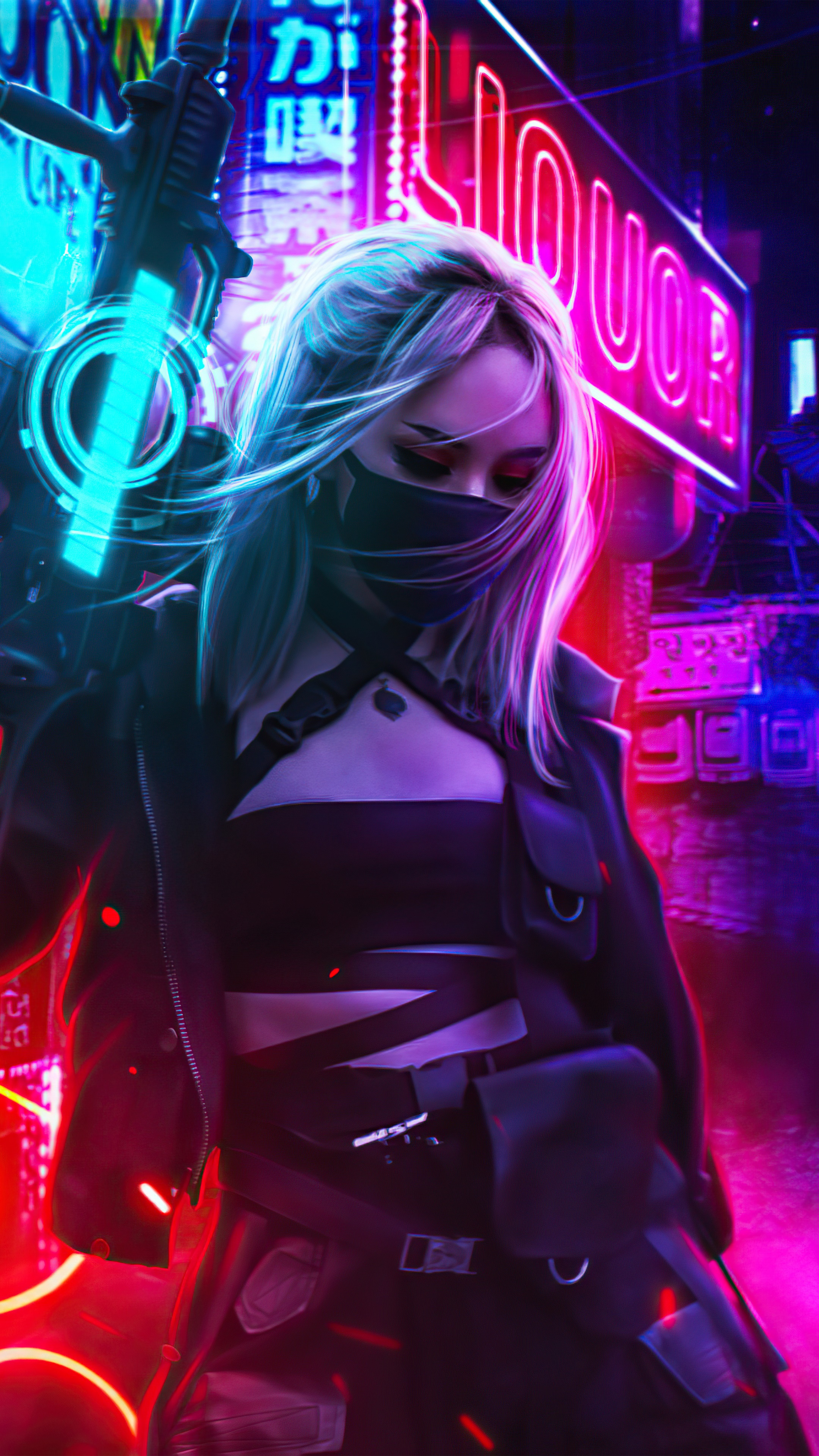 Cyberpunk woman with a gun in a neon city HD Phone Wallpaper