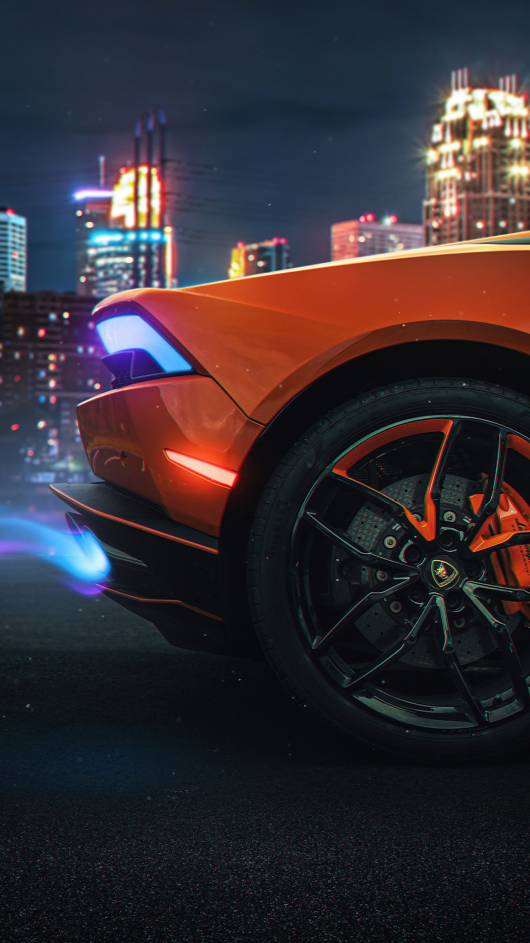 Orange Lamborghini sports car at night with city lights HD Phone Wallpaper