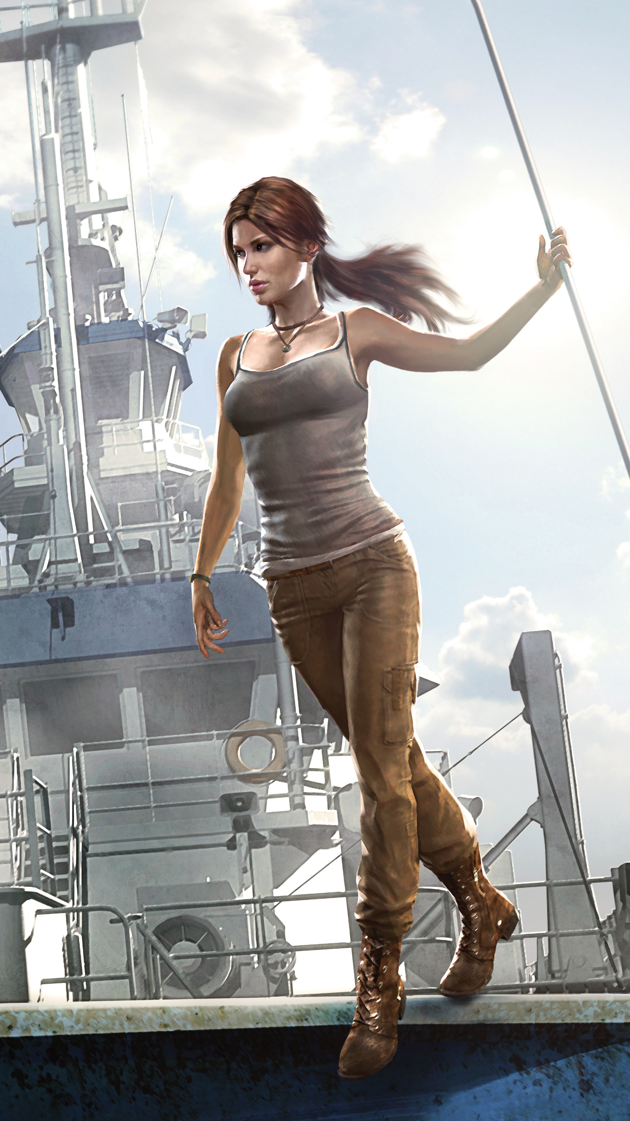 Lara Croft from Tomb Raider on a Ship HD Phone Wallpaper
