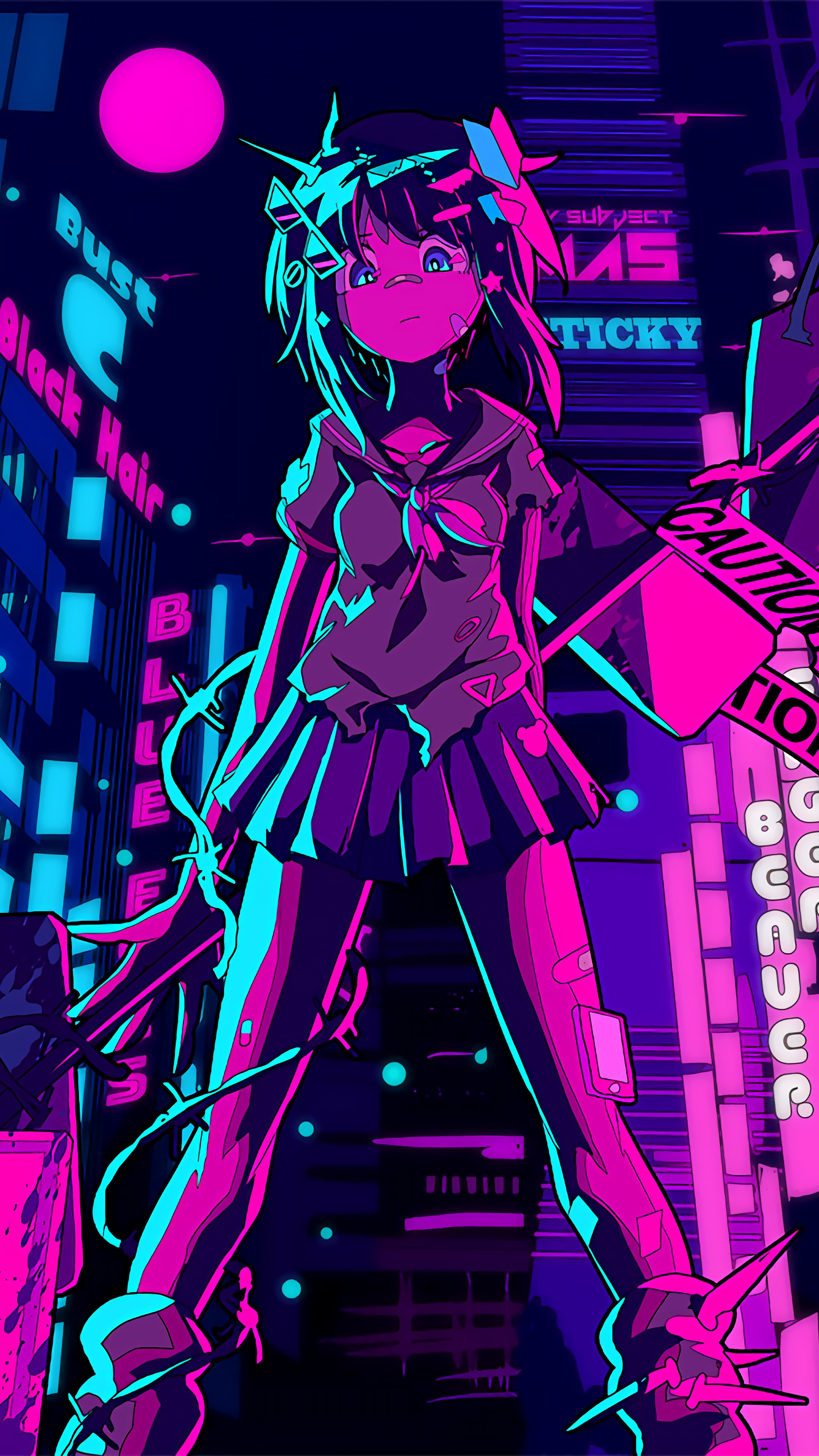 Anime girl in a school uniform in a neon city HD Phone Wallpaper