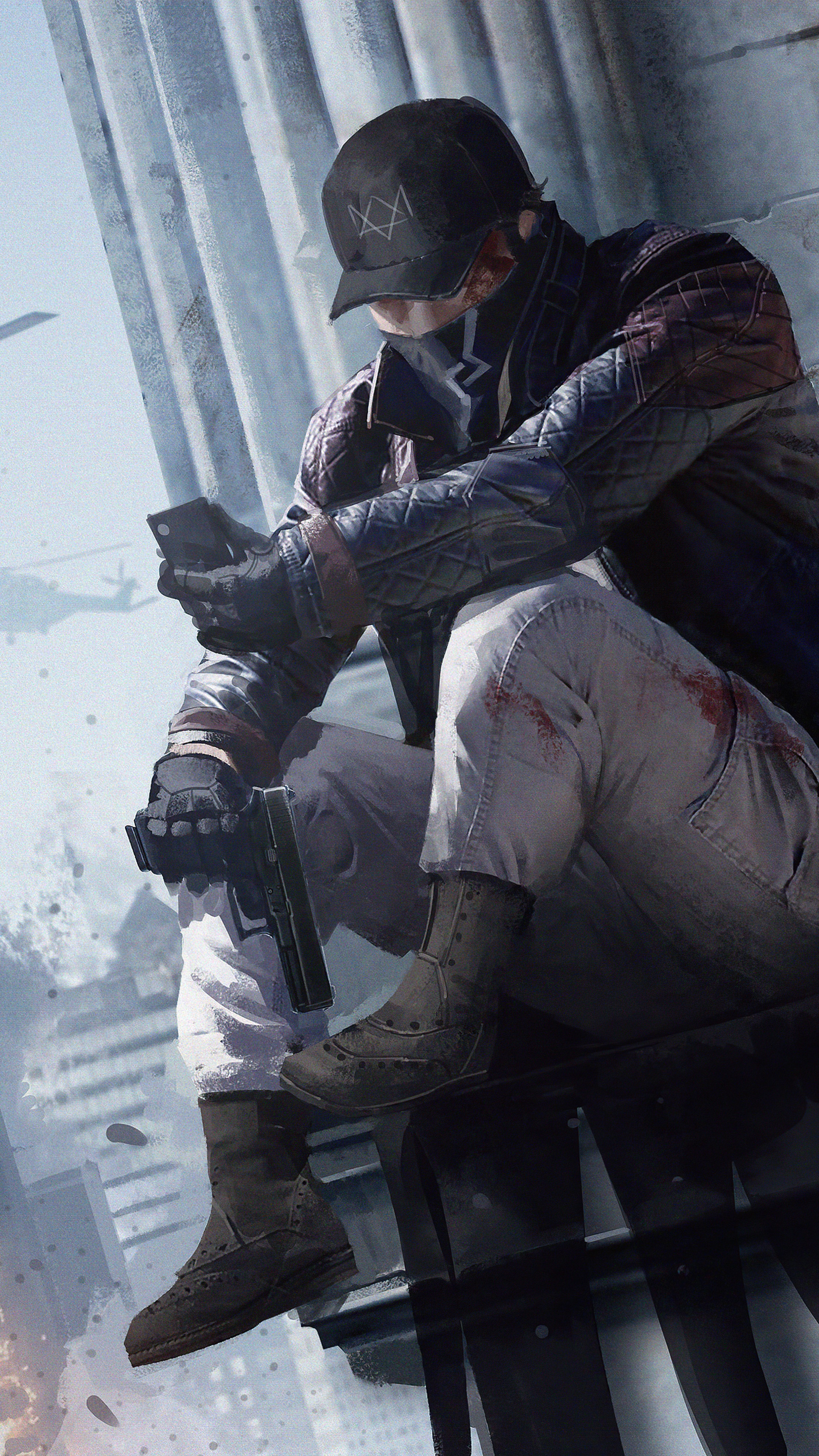Aiden Pearce from Watch Dogs sitting on a ledge with a gun HD Phone Wallpaper