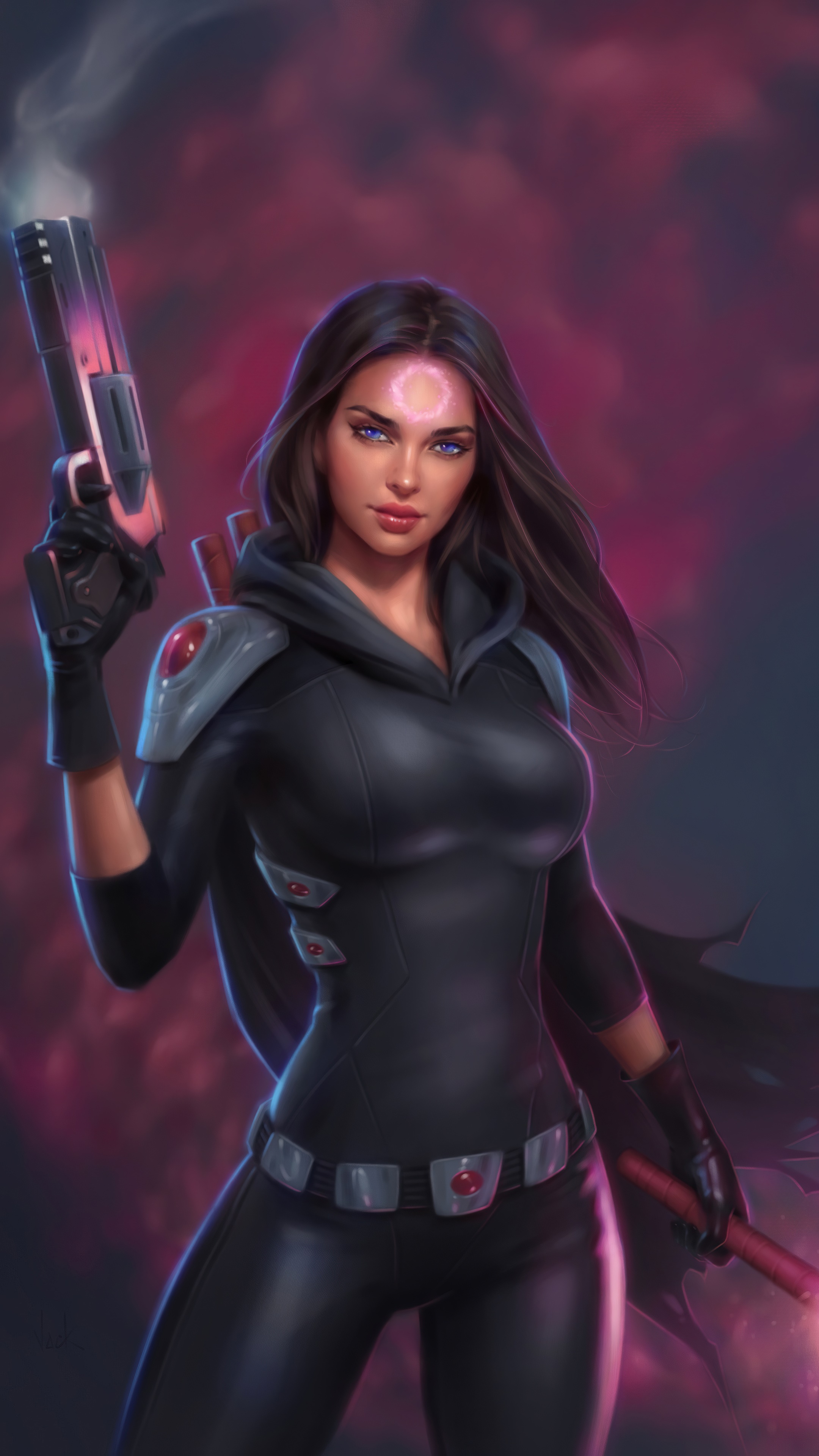Woman with a gun and a staff HD Phone Wallpaper