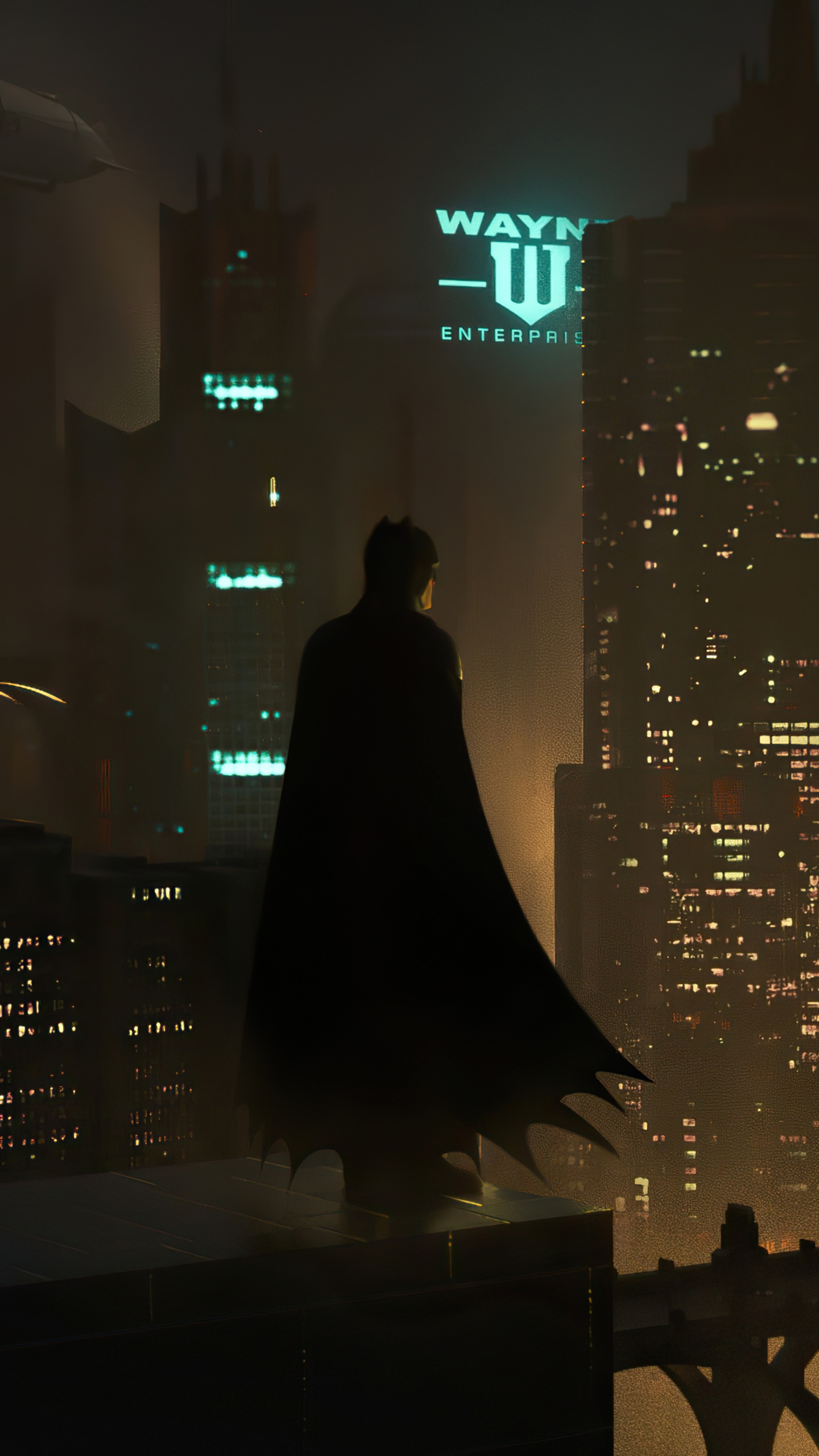 Batman overlooking Gotham City with Wayne Enterprises sign HD Phone Wallpaper