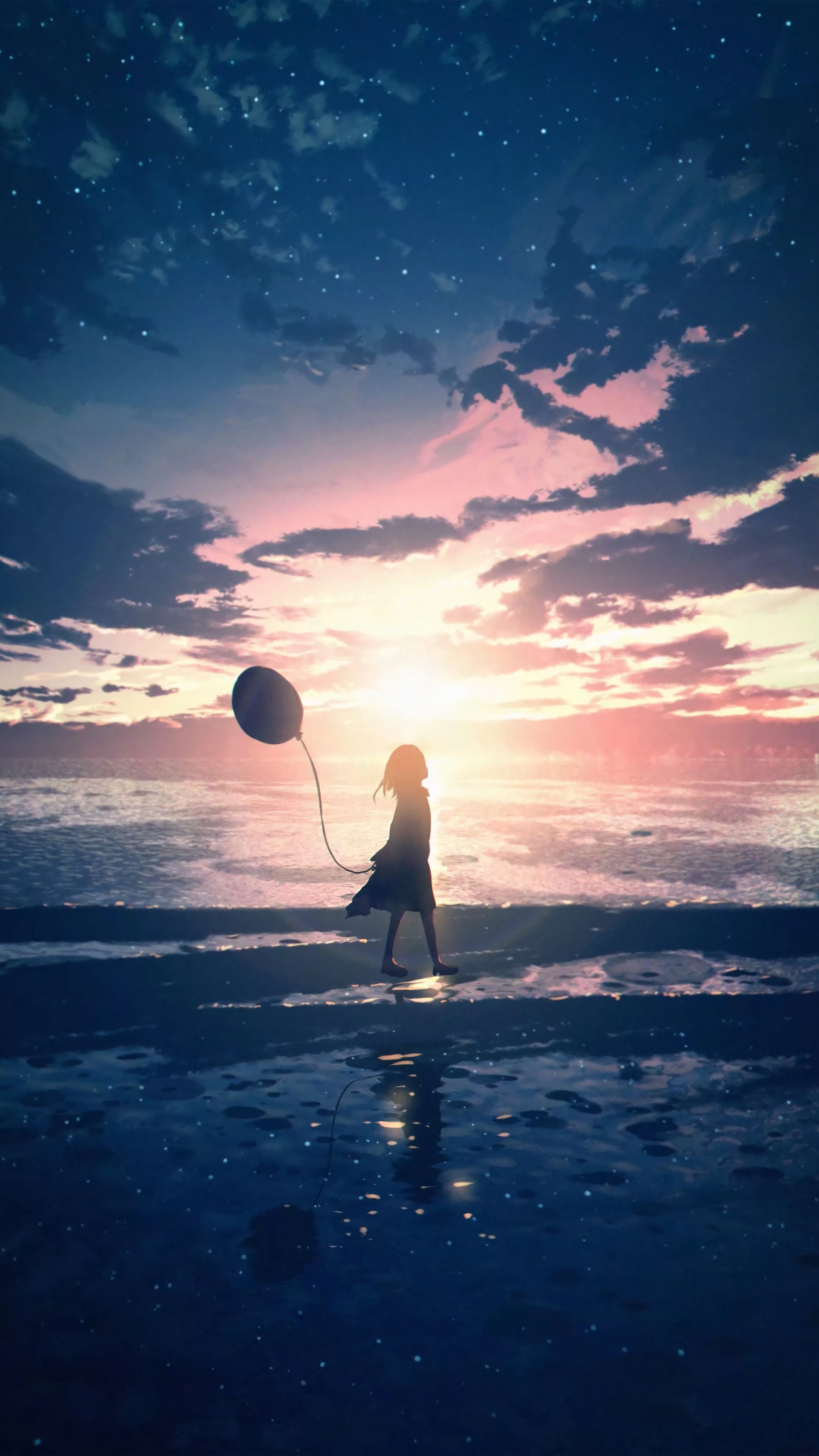 Anime girl with balloon on beach at sunset HD Phone Wallpaper