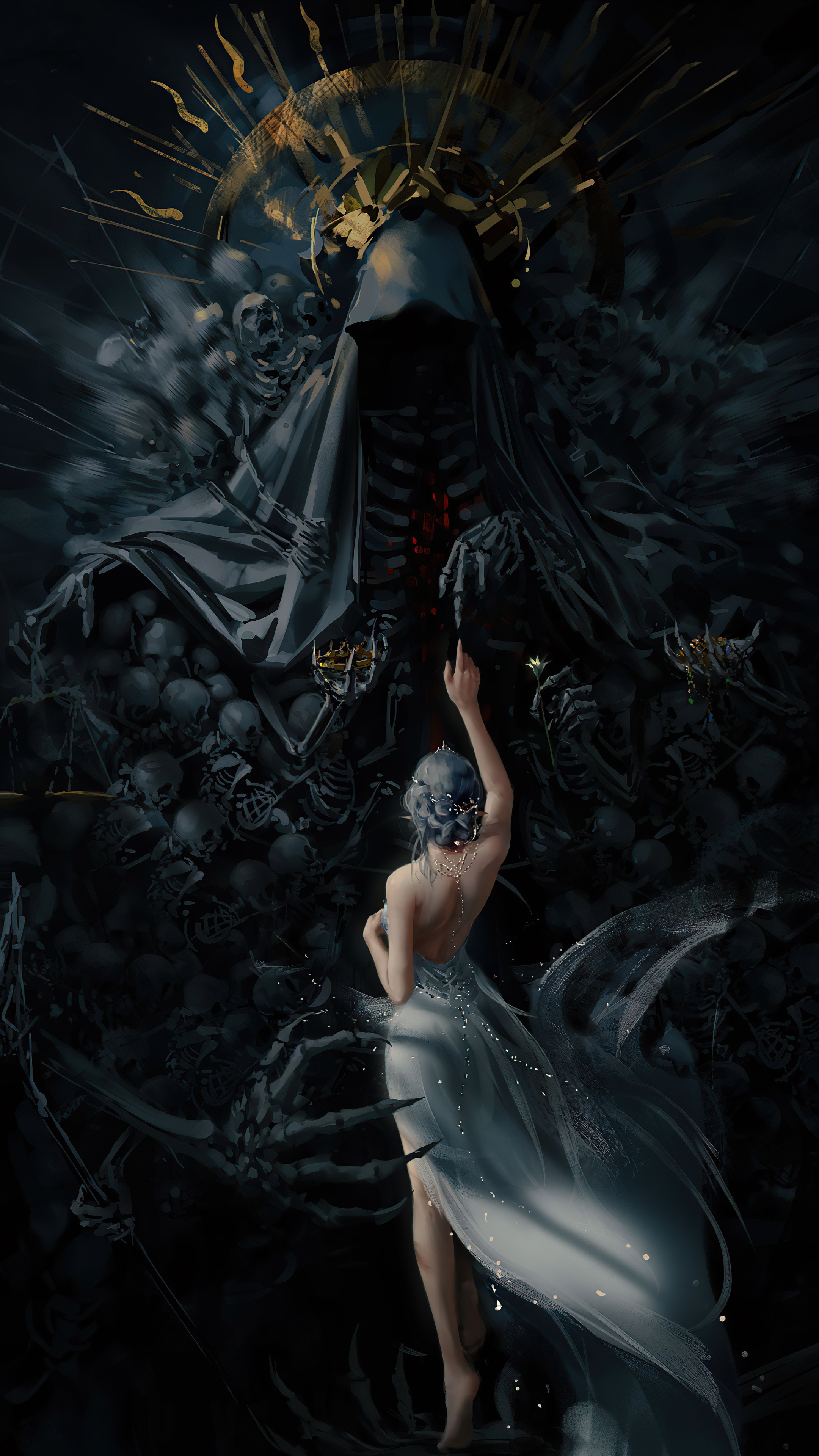 Grim Reaper and a Woman in a White Dress HD Phone Wallpaper