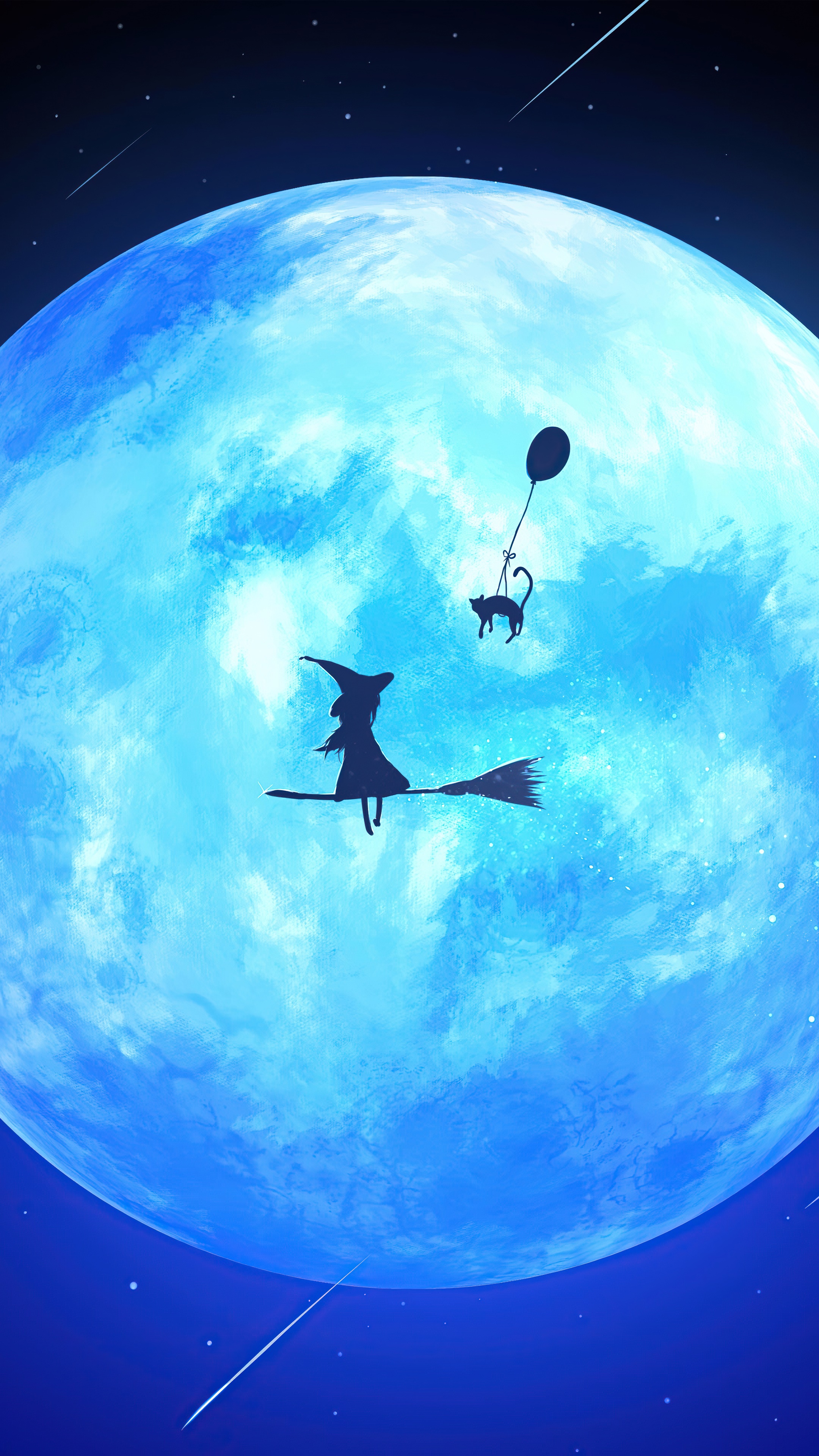 Witch and cat flying in front of a large blue moon HD Phone Wallpaper