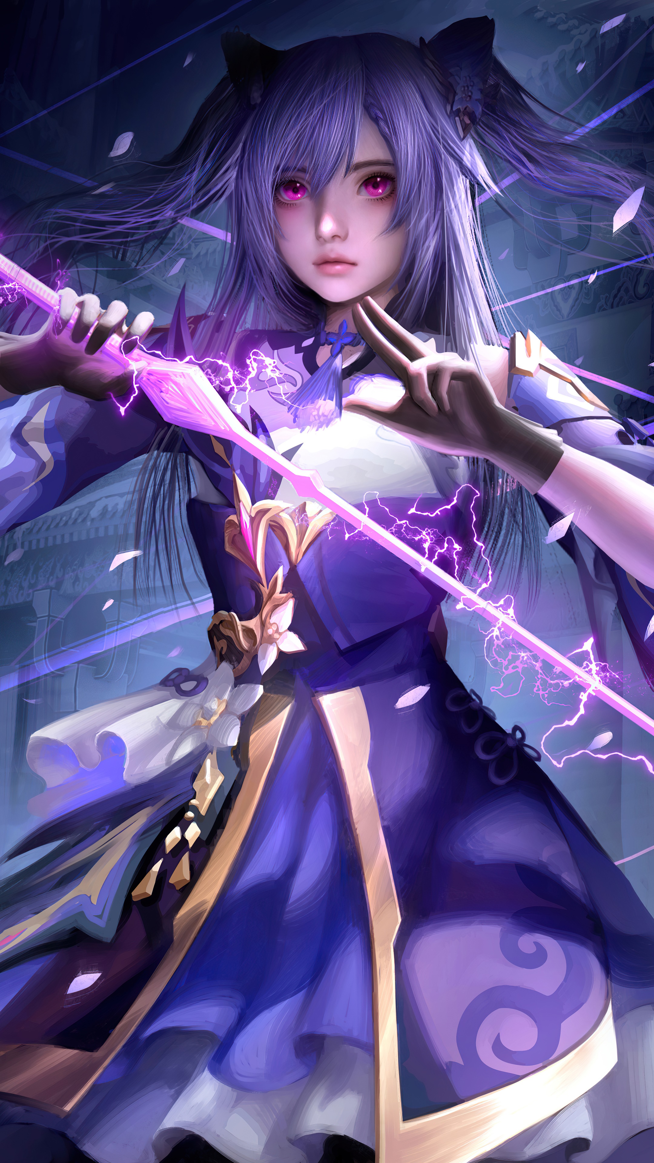 Keqing from Genshin Impact with lightning HD Phone Wallpaper