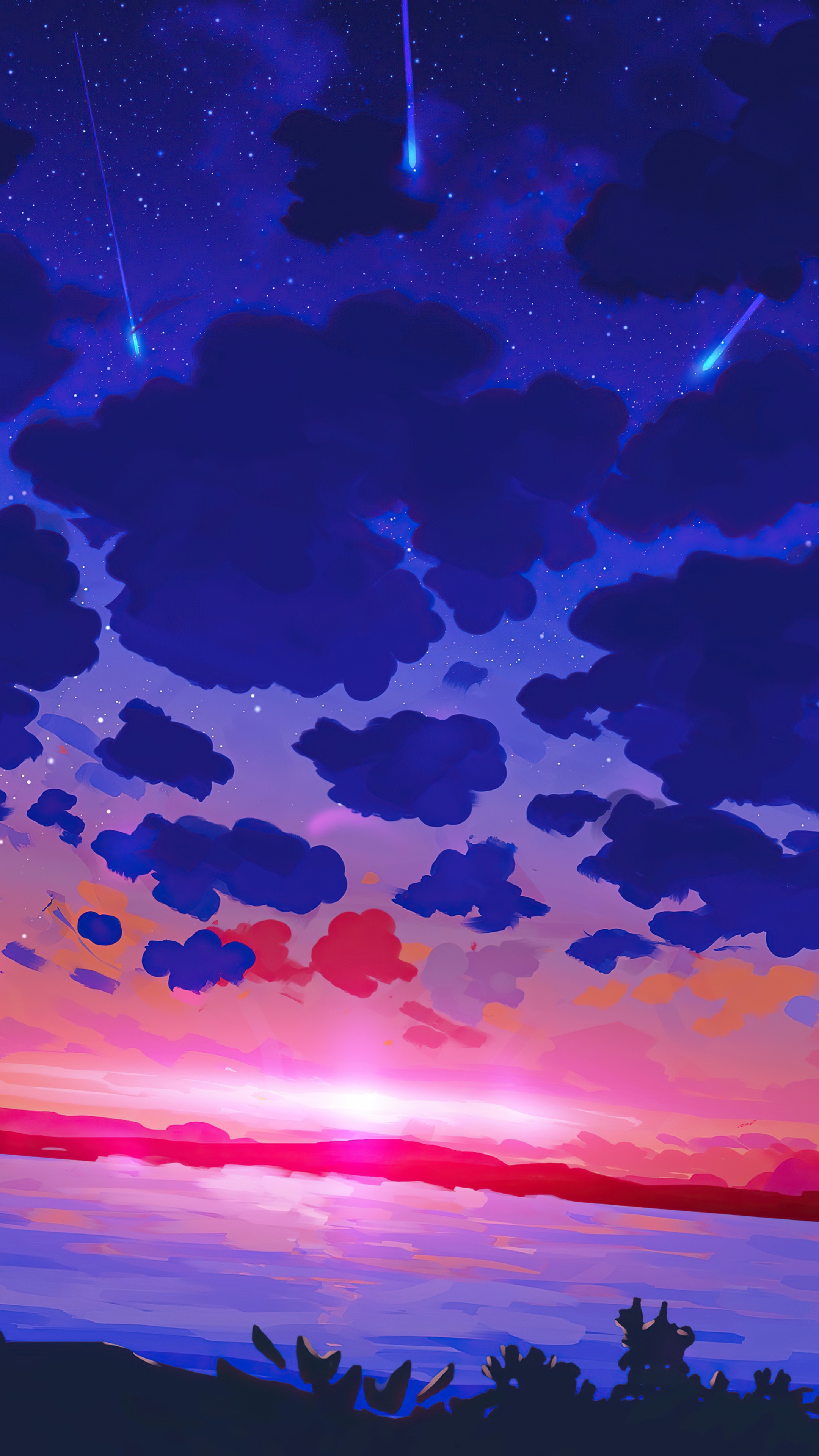 Digital art of a sunset with shooting stars HD Phone Wallpaper