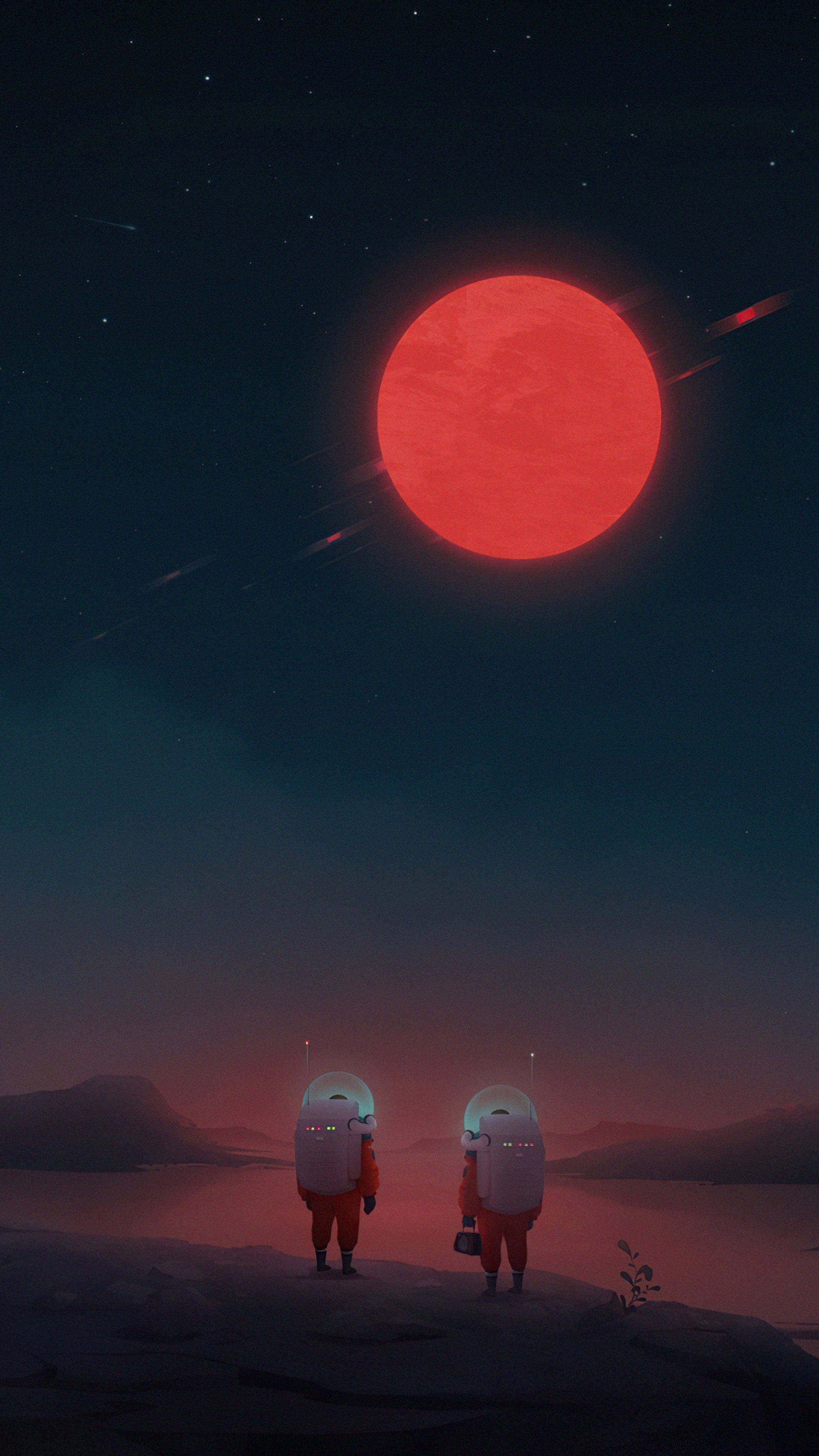 Two astronauts stand on a rocky shore under a large red sun HD Phone Wallpaper