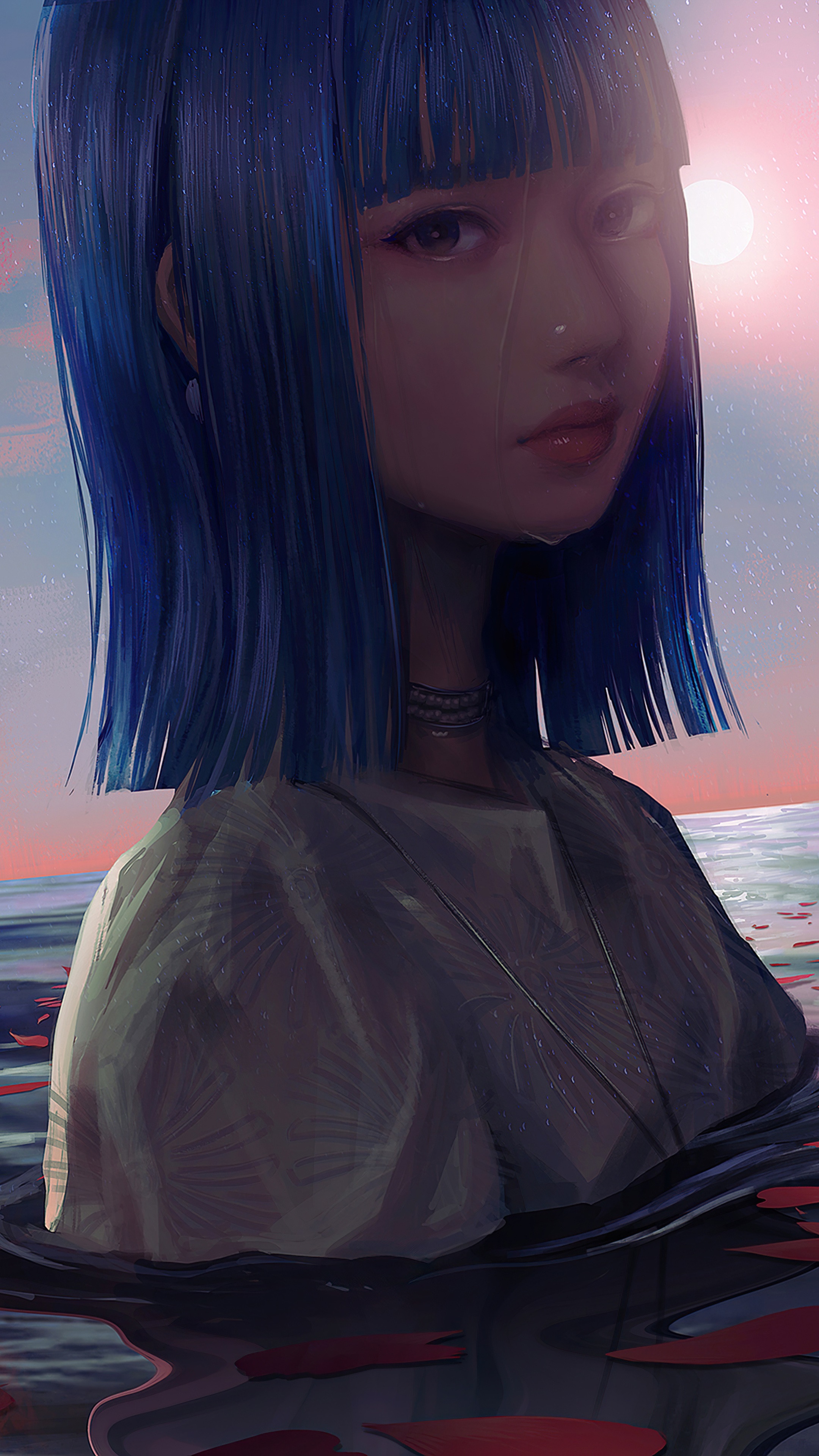 Artwork of a woman with blue hair HD Phone Wallpaper