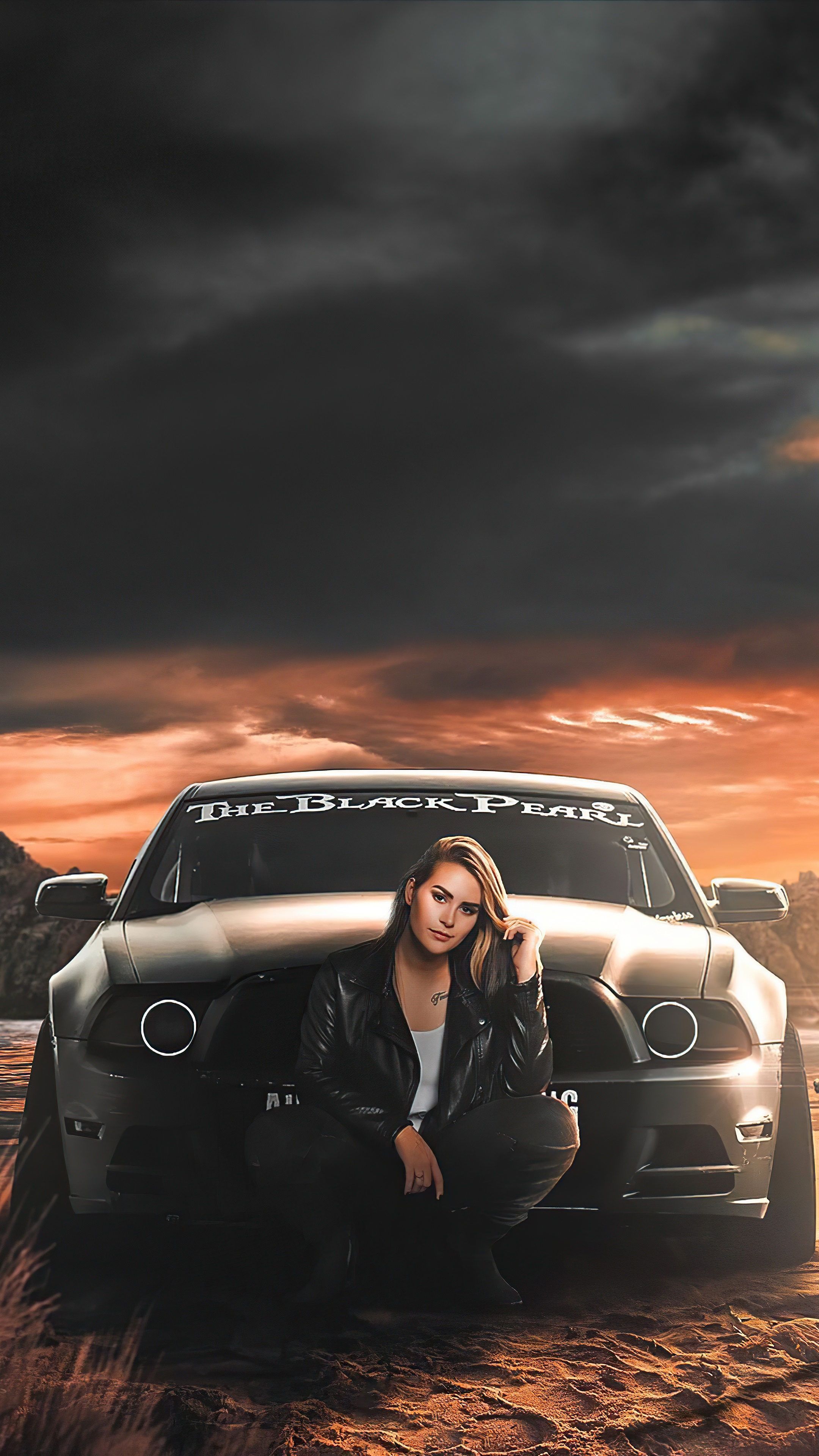 Girl posing in front of a car with "The Black Pearl" text HD Phone Wallpaper