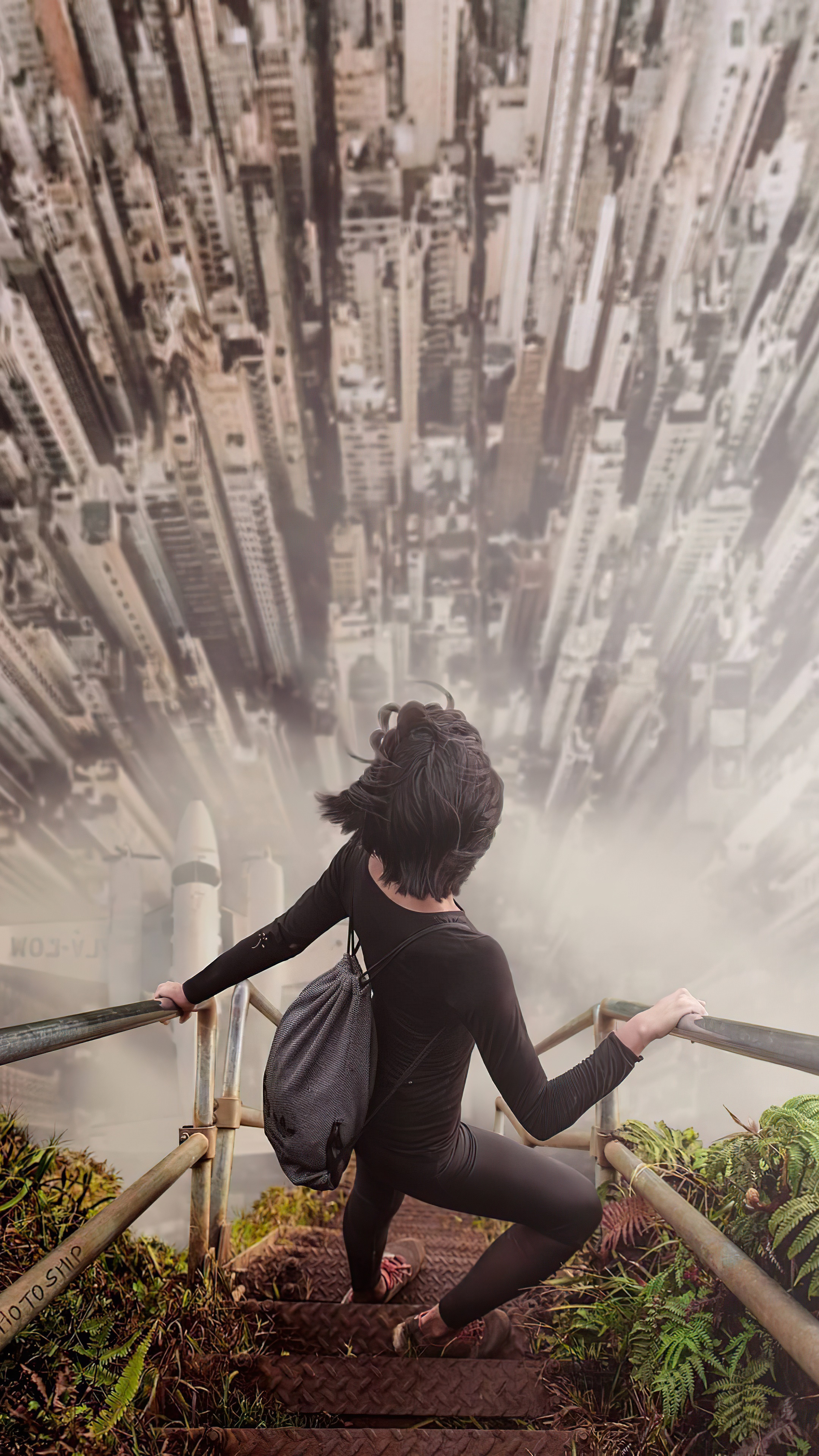 Digital art of a person on stairs overlooking a city HD Phone Wallpaper