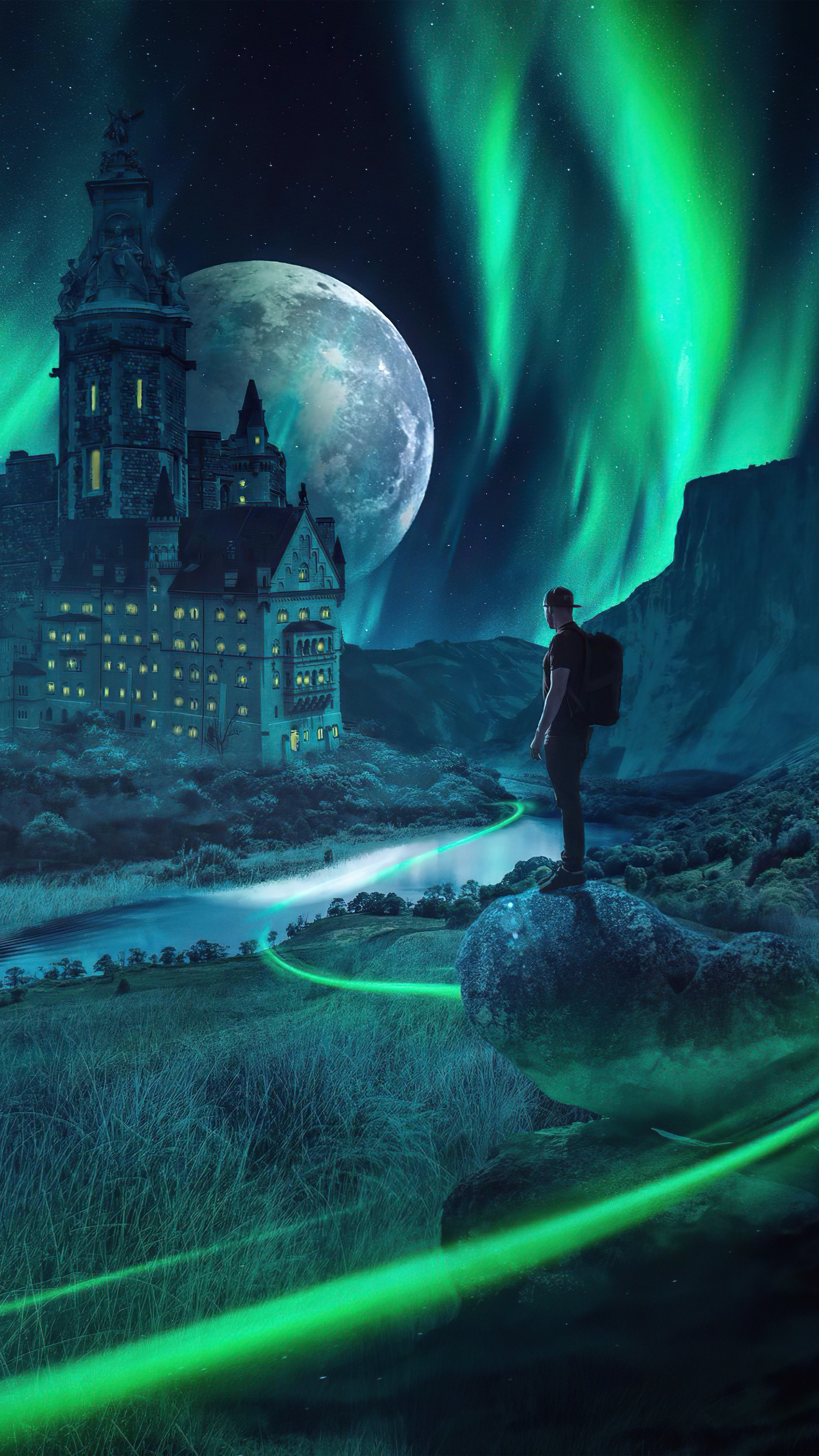 Digital art with castle and aurora HD Phone Wallpaper