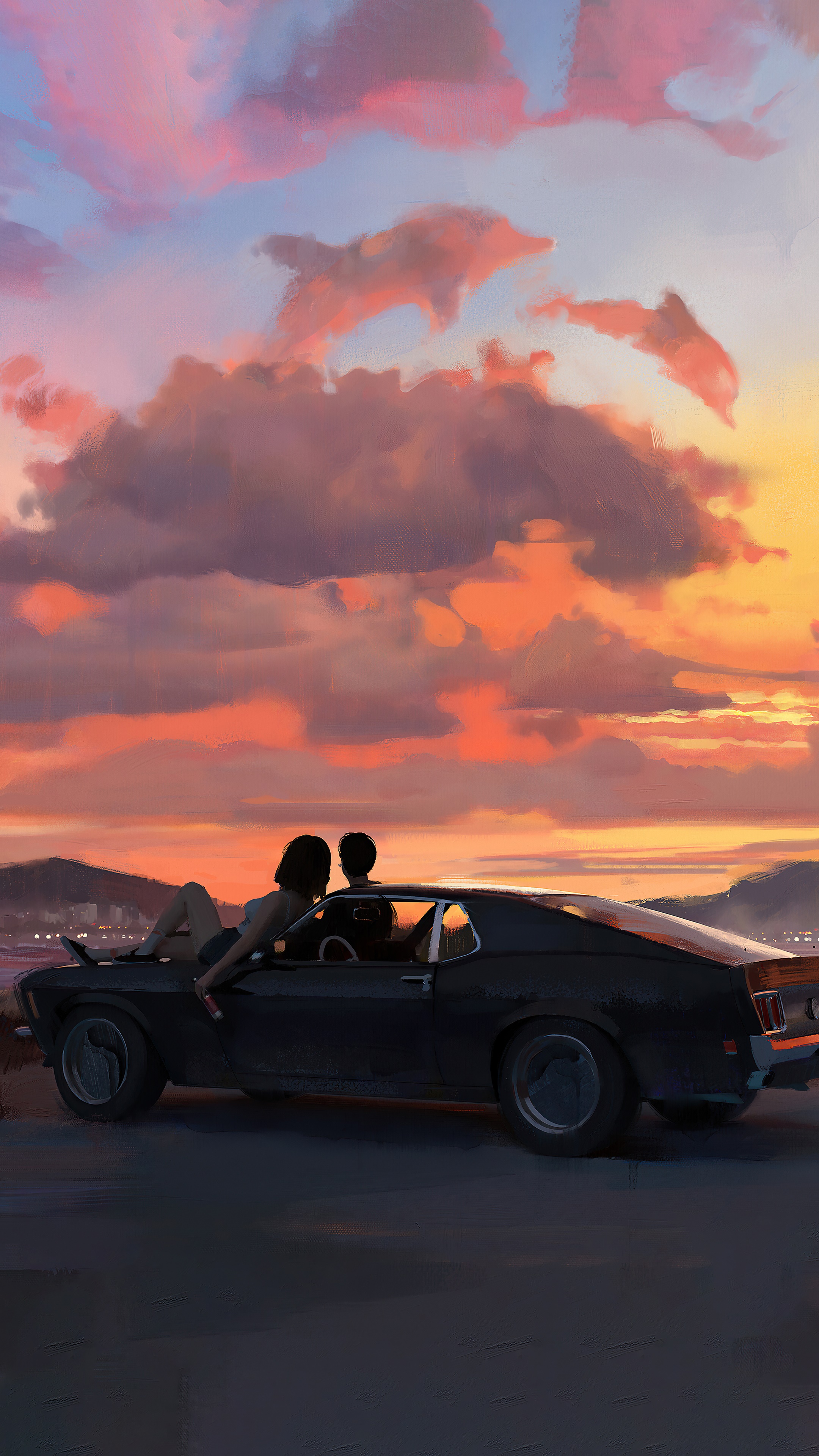 Couple in car watching sunset with dolphin clouds HD Phone Wallpaper