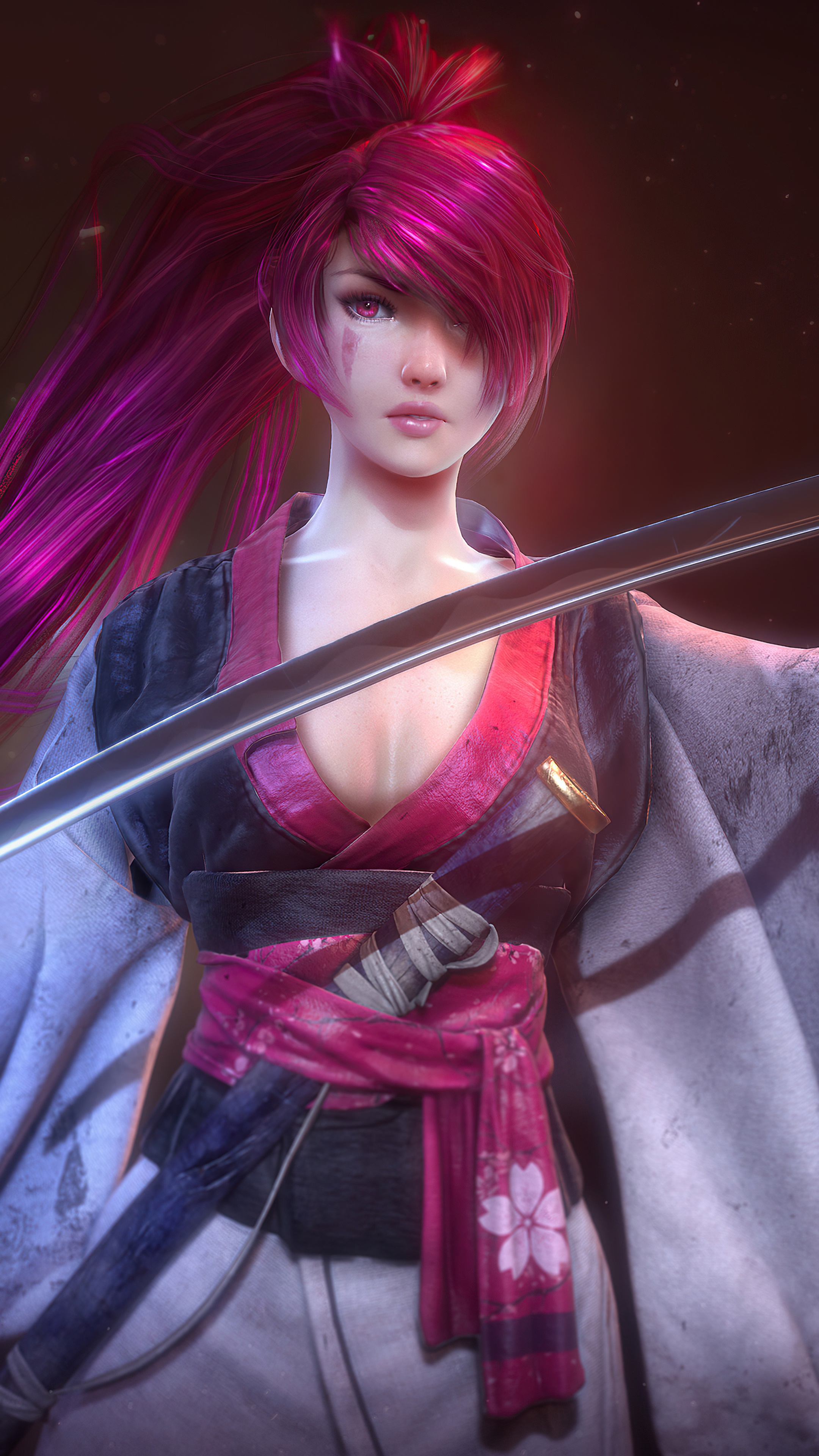 Samurai Warrior with Pink Hair and Katana HD Phone Wallpaper
