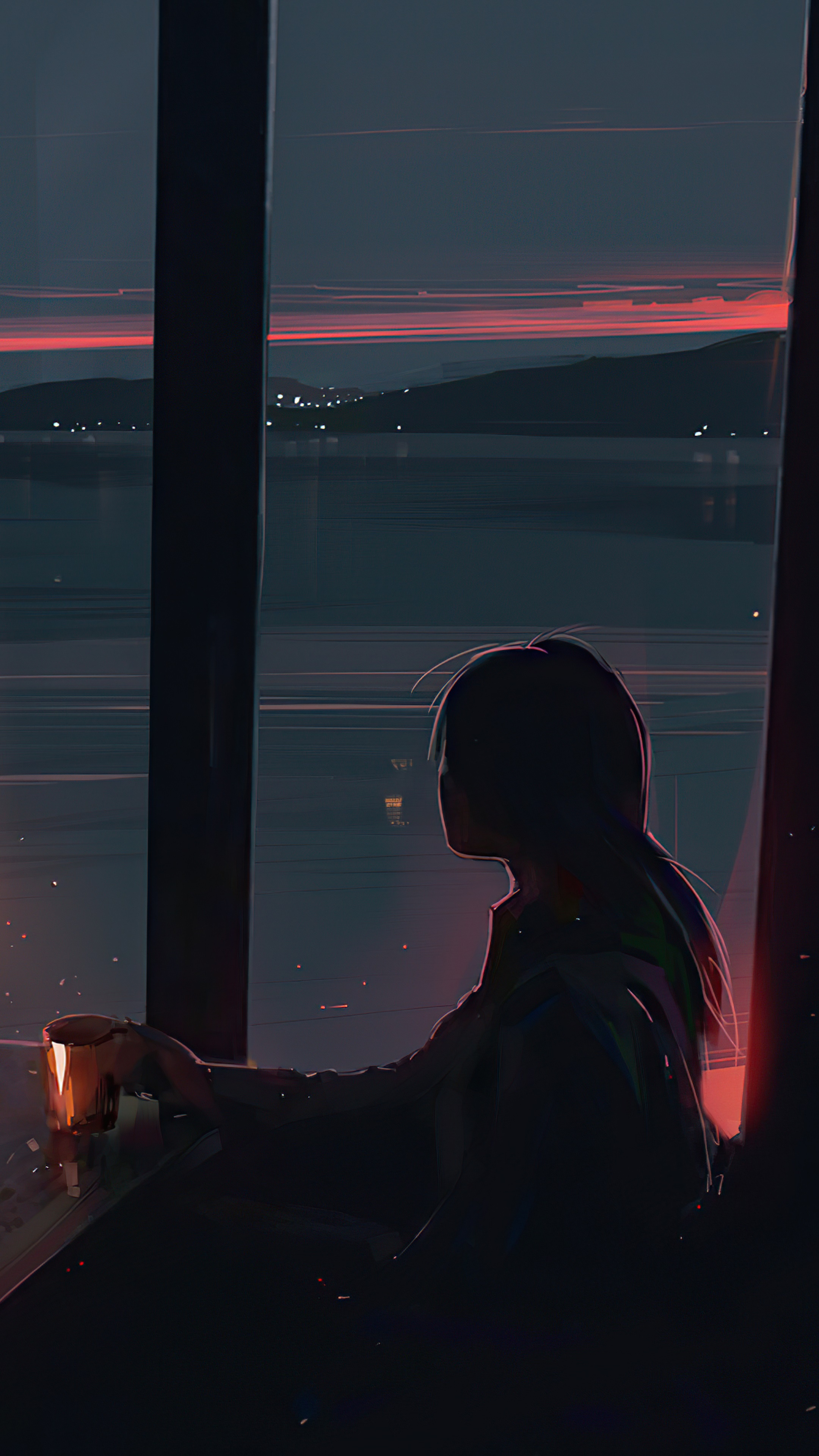 Girl with coffee looking out window at sunset HD Phone Wallpaper