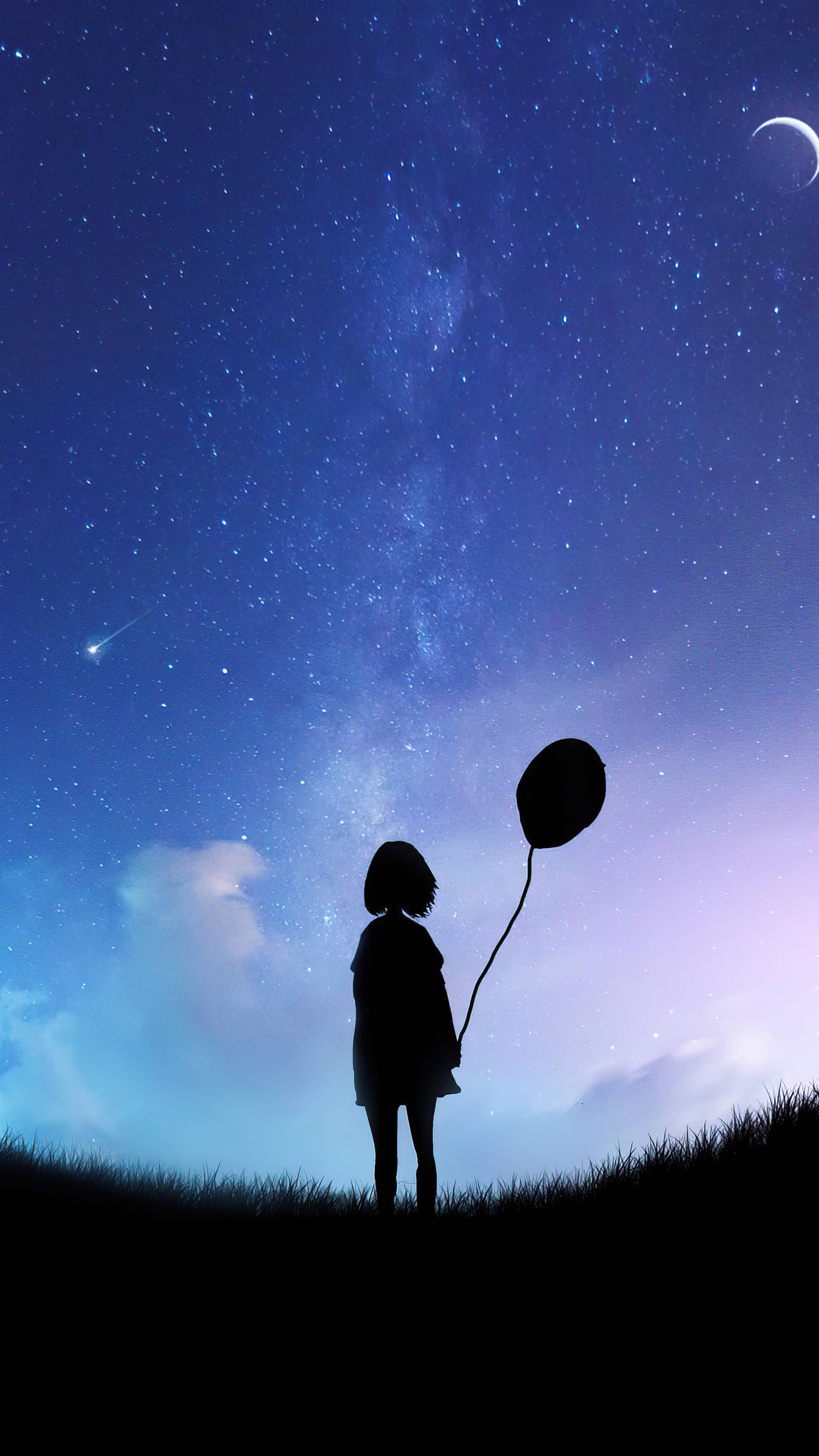 Silhouette of a girl holding a balloon under the night sky HD Phone Wallpaper