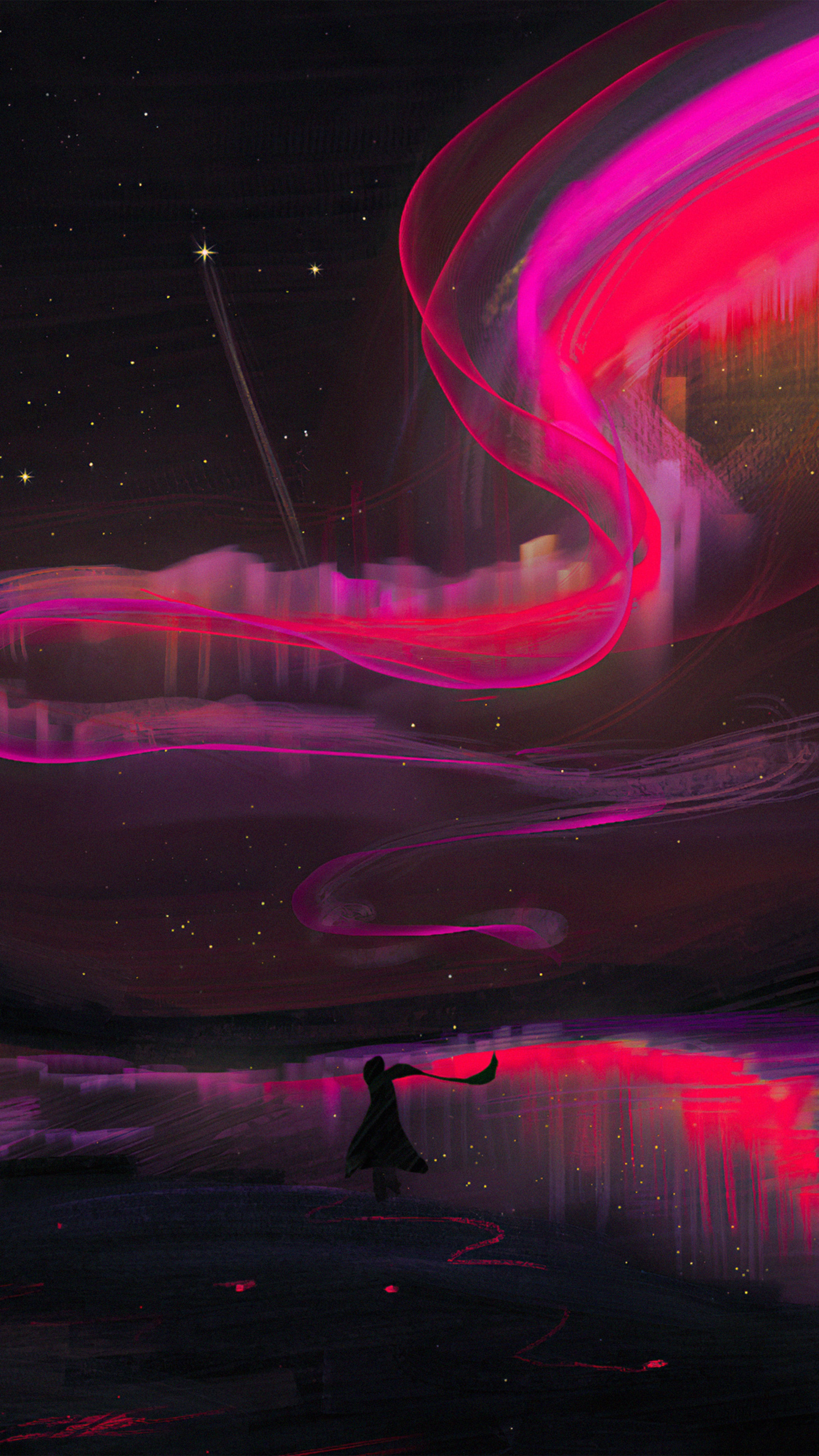 Digital art of aurora over a city with a person HD Phone Wallpaper
