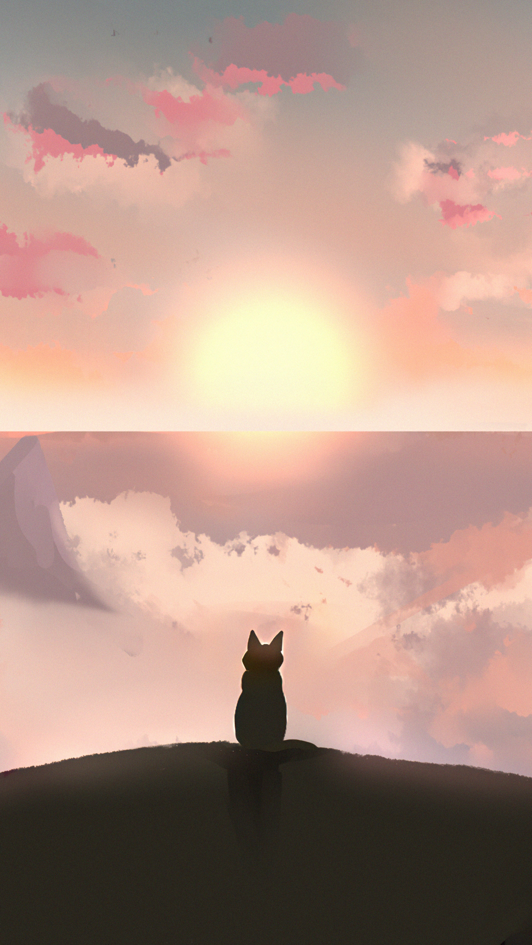 Cat watching the sunset over the ocean HD Phone Wallpaper