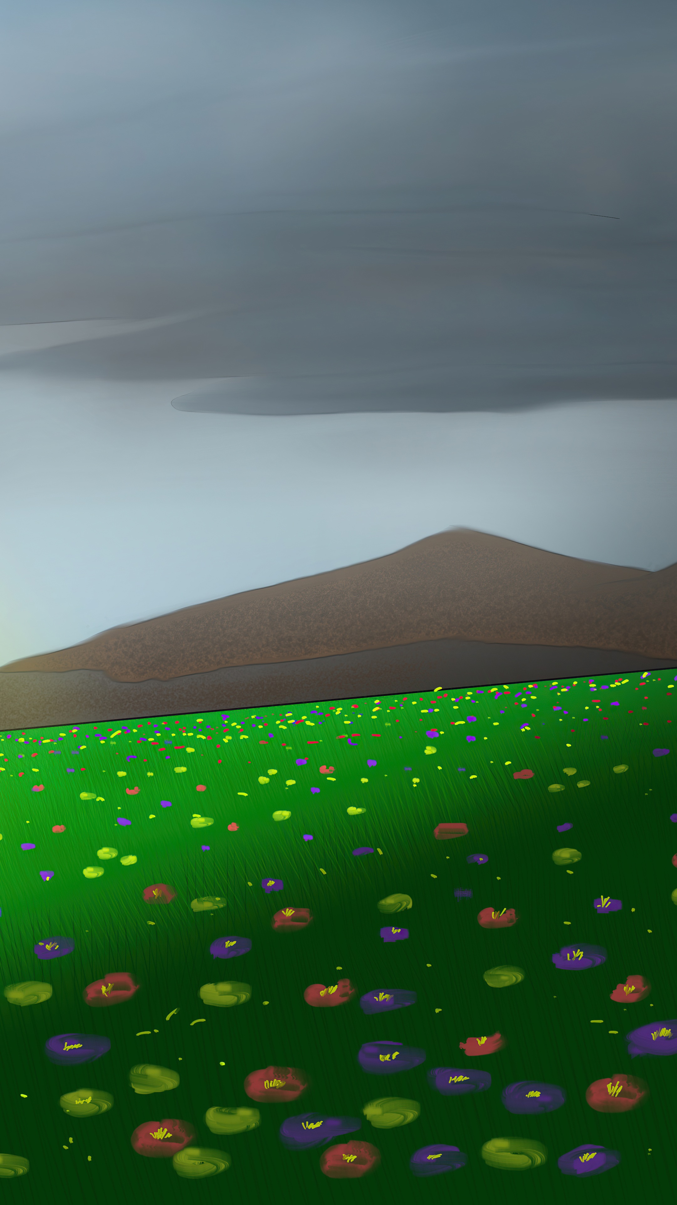 Minimalist landscape with mountains and wildflowers HD Phone Wallpaper
