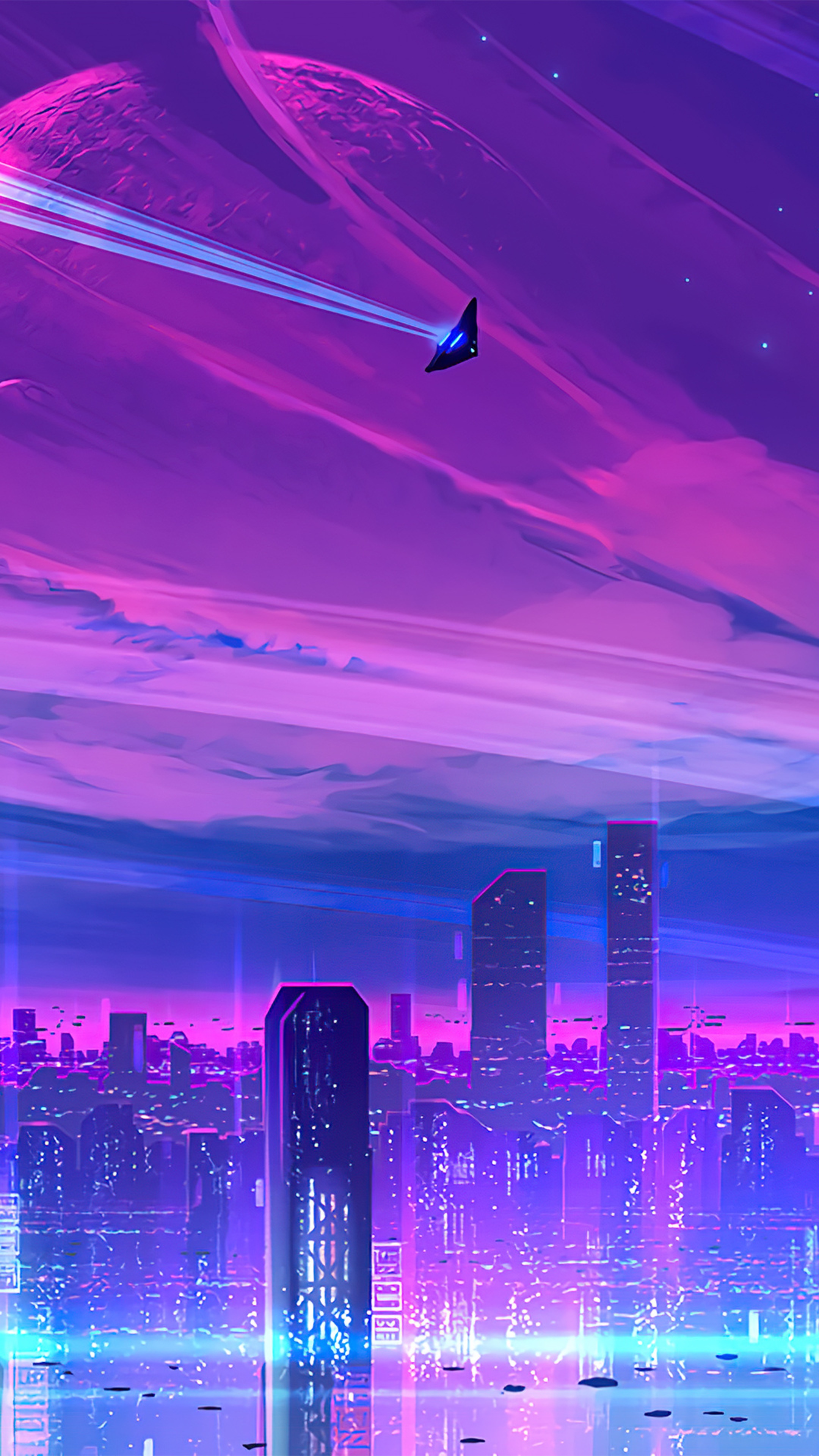Neon Cityscape with Spaceship in Purple Sky HD Phone Wallpaper